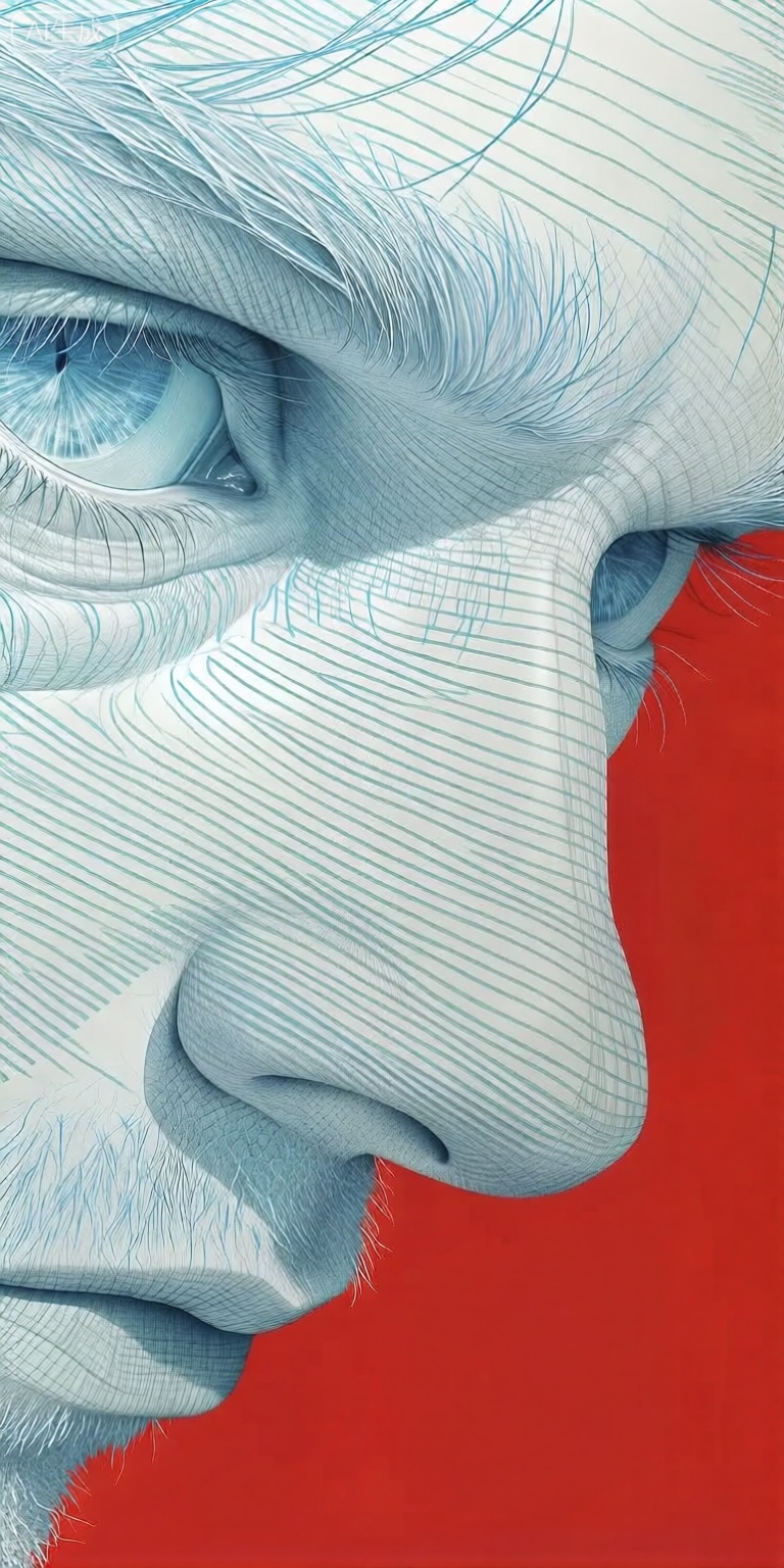 a close-up portrait of a mans face, showcasing a detailed and intricate line-like texture created with a combination of blue and white lines, the man, who appears to be in his late 20s, has a serious expression and is positioned in the middle of the image, with his upper body facing the viewer, his blue eyes are looking directly at the viewer, and his hair is styled in a neat and tidy manner, his facial features are clearly visible, with a prominent nose and a prominent chin, the background is a solid red color, which contrasts with the mans facial features, creating a striking visual effect, the image is a monochromatic portrait, with the lines creating a sense of depth and dimensionality, making it a visually striking and captivating piece of art,

