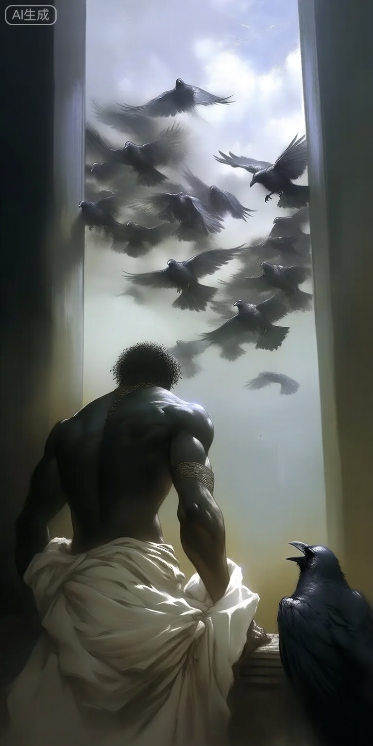 a dramatic digital illustration shoot from a profile camera angle about a muscular man standing in front of a large window, looking out at a group of birds flying in the cloudy sky, the image also shows dramatic lighting and shadows, on the middle of the image, a muscular, dark-skinned man with curly hair appears to be standing with his back to the viewer, wearing a white cloth draped around his waist, he is facing away from the camera, with his upper body visible, to his right, two black crows are standing, one with its beak open and the other with its mouth open, looking up at the man, the mans muscular physique is highlighted by the dramatic lighting, which casts shadows on his body, the background is a misty, cloudy sky with a few birds flying around, adding to the dramatic atmosphere of the scene,
