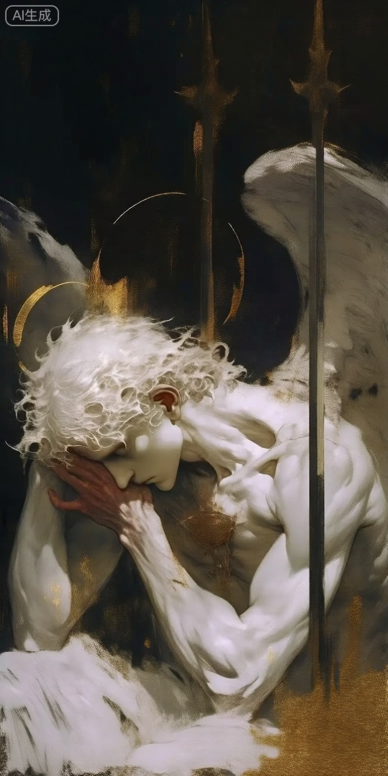 a photo-realistic depiction of an angel with white, curly hair and angelic wings, seated in a contemplative pose behind a metal gate, the angel, positioned in the middle of the image, appears to be a muscular, white-skinned man with a serene expression, his hands clasped together in front of his face, he has a halo above his head, and his wings are spread out behind him, the background is dark and abstract, with hints of gold and black, creating a sense of depth and atmosphere, the lighting is soft and diffused, casting gentle shadows on the angels face and body, the overall mood is somber and melancholic, with the angel appearing to be lost in thought,


