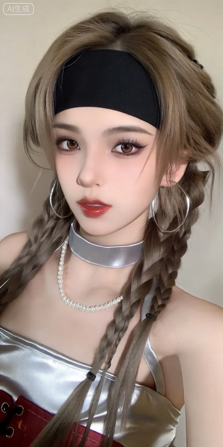 a photo-realistic shoot from a close-up camera angle about a young woman with long braided hair wearing a black headband and silver outfit, the image also shows a plain light-colored wall in the background, on the middle of the image, a 20-year-old woman appears to be looking directly at the viewer with a neutral expression, wearing a silver strapless top with a red corset and a silver choker with a pearl necklace around her neck, she has light brown hair styled in two braids and is wearing large silver hoop earrings, her eyes are brown and her lips are painted with a glossy red lipstick, her hair is styled in a side braid and she is wearing a headband,