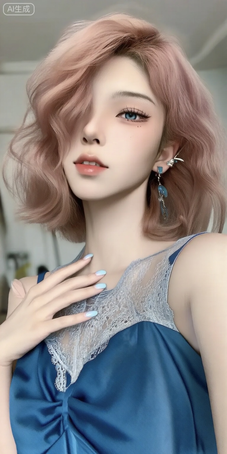 a photo-realistic portrait shoot from a portrait camera angle about a young woman with short, wavy, light pink hair and blue eyes, wearing a blue dress with a lace overlay and earrings, the image also shows a soft, blurred indoor setting with light-colored walls and soft, diffused lighting, on the middle of the image, a 20 years old woman appears to be looking at the viewer with a neutral expression, her blue eyes are looking directly at the camera, she has a slender physique and fair skin, her hair is styled in a wavy bob cut and her hair color is a light pink, she is wearing a sleeveless blue dress that shows off her bare shoulders and a delicate lace collar, her fingernails are painted with a light blue nail polish, her lips are parted and she has eyelashes and a mole on her cheek, her hand is resting on her collarbone, the background is blurred and out of focus, focusing on the subject,

