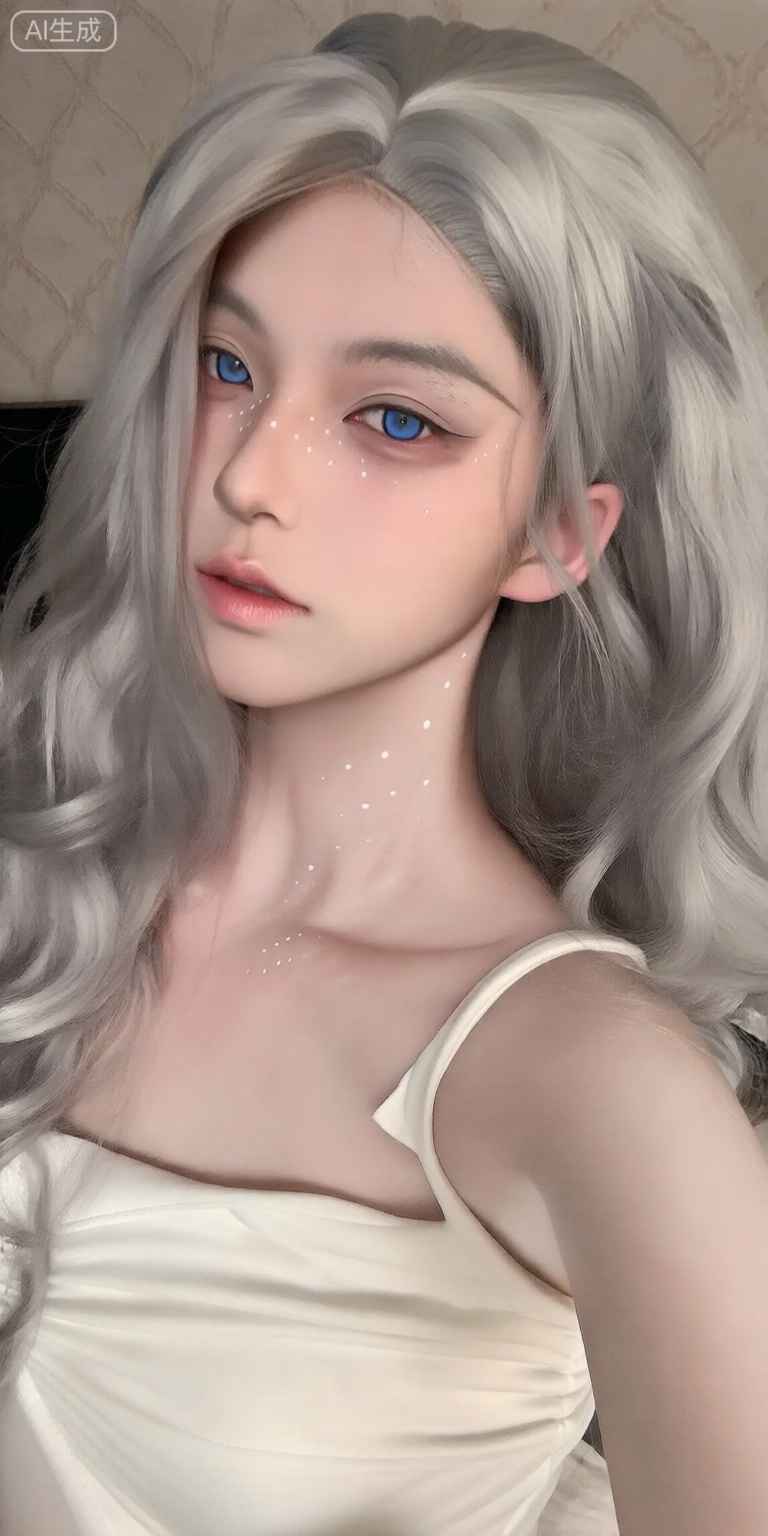 a photo-realistic portrait of a young woman with long, wavy silver hair and striking blue eyes, she is positioned in the middle of the image, with her upper body facing the viewer and looking directly at them, the woman has a neutral expression and is wearing a white, sleeveless top that accentuates her slim body, her hair is styled in loose waves and falls down her back, framing her face, her eyes are a striking blue color, and she has a subtle eyeliner and a subtle blush on her cheeks, her lips are painted a soft pink, and there are small white dots on her skin, giving her a delicate and ethereal appearance, the background is a neutral-colored wall with a subtle pattern, and the overall lighting is soft and natural, highlighting her features and creating a serene atmosphere,
