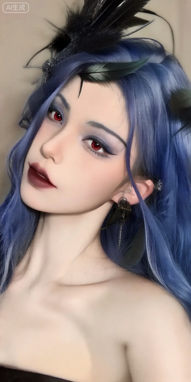 a close-up portrait of a young woman with long, wavy blue hair and striking red eyes, wearing a black feathered headpiece and a pair of earrings, she has a serene expression and is positioned in the middle of the image, looking directly at the viewer with a slight smile, the background is a soft, blurred beige color, giving the image a dreamy, ethereal quality, the woman appears to be in her early twenties, with fair skin and a slender physique, and her hair is styled in a way that frames her face, she is wearing a strapless black top that accentuates her bare shoulders and has a subtle makeup look with dark red lipstick, her eyes are accentuated by dramatic winged eyeliner and mascara, adding to her overall serene and alluring appearance,