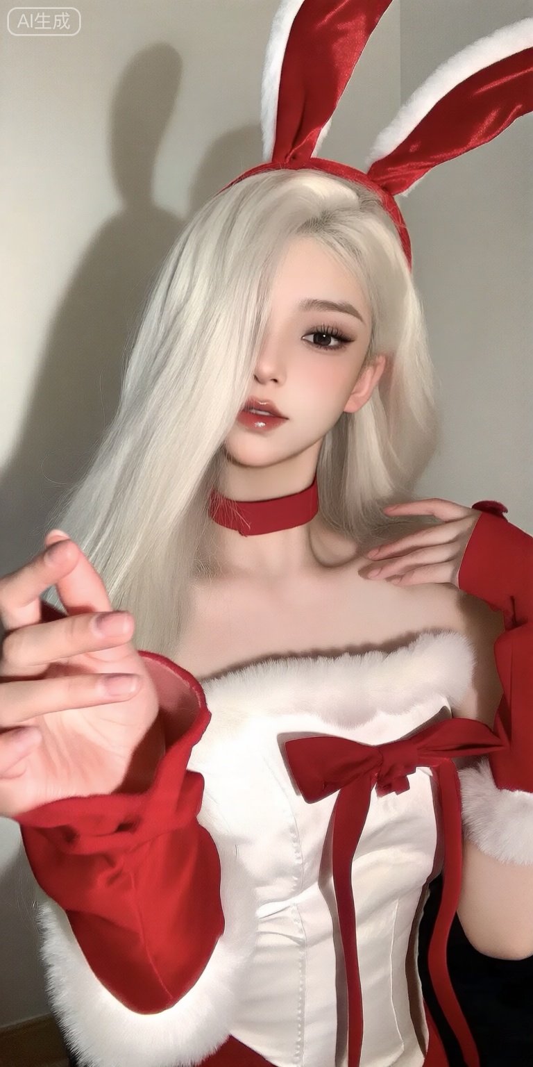 a photo-realistic shoot from a frontal camera angle about a young woman with long, flowing white hair wearing bunny ears and a red choker, holding a small red object in her hands, the woman, who appears to be in her early twenties, is standing in the middle of the image, facing the viewer with a neutral expression, she has light skin and is wearing a white corset with a red ribbon tied around the waist, and a fluffy white fur trim around the edges, her hair is styled in long hair, and she has a pair of rabbit ears on her head, the background is a plain, light-colored wall with a subtle shadow cast on it, the lighting is soft and natural, casting gentle shadows on the womans face and body, the image is high quality and has a watermark in the bottom right corner, the overall aesthetic is playful and whimsical, with a focus on the characters bunny-themed outfit and accessories,