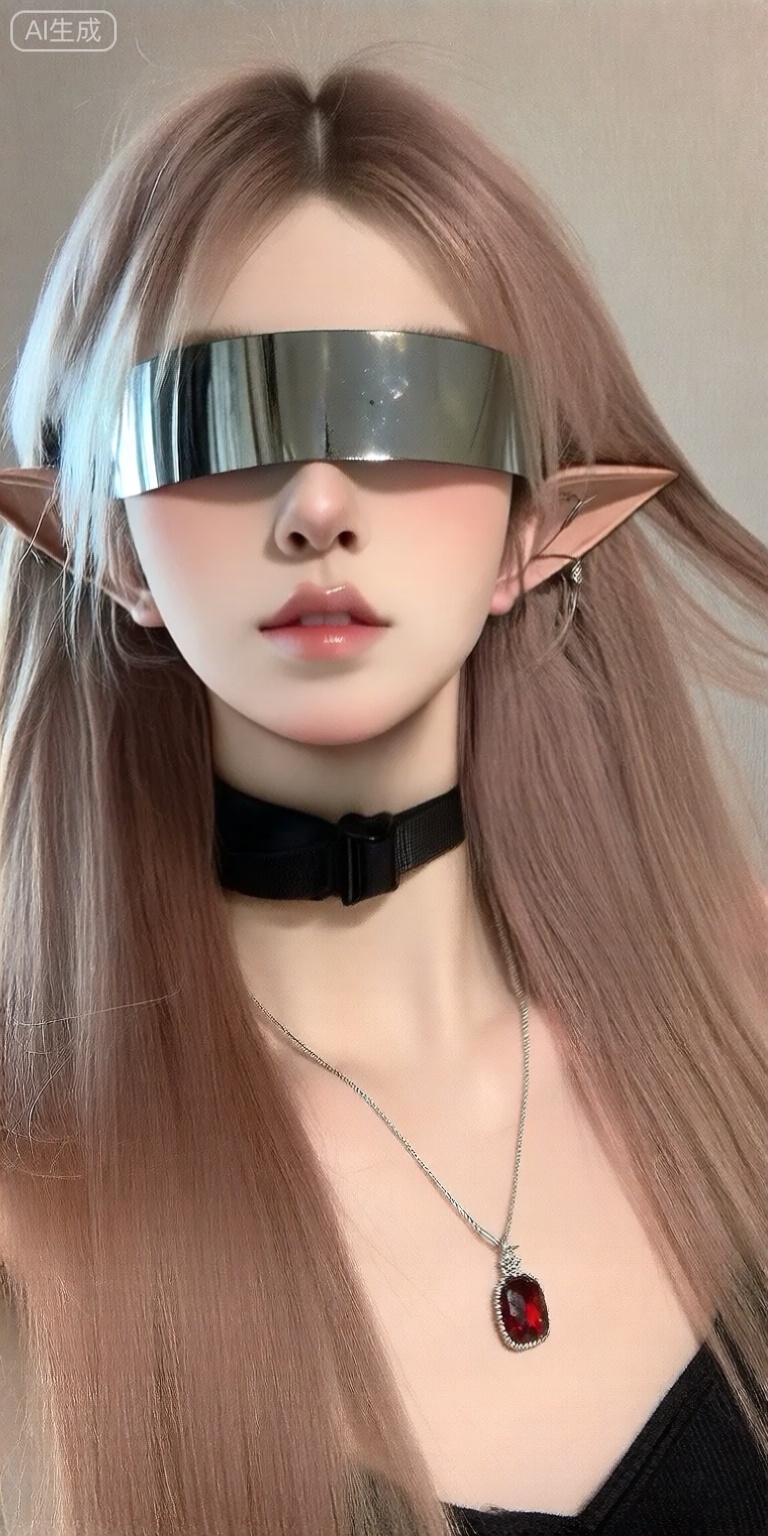 a photo-realistic shoot from a close-up camera angle about a young woman with long, straight, light brown hair and pointed ears, wearing a black choker and a silver visor over her eyes, she has a neutral expression and is positioned in the middle of the image, with her upper body facing the viewer, the woman appears to be in her early twenties, with a slender physique and fair skin, her hair is styled in long hair, and she has pointed ears, she is wearing earrings and a necklace with a large, red gemstone pendant, the background is a simple, neutral-colored wall, and the lighting is soft and even, highlighting her features, the image has a high-quality, realistic style with a focus on the womans facial features and the reflective visor,
