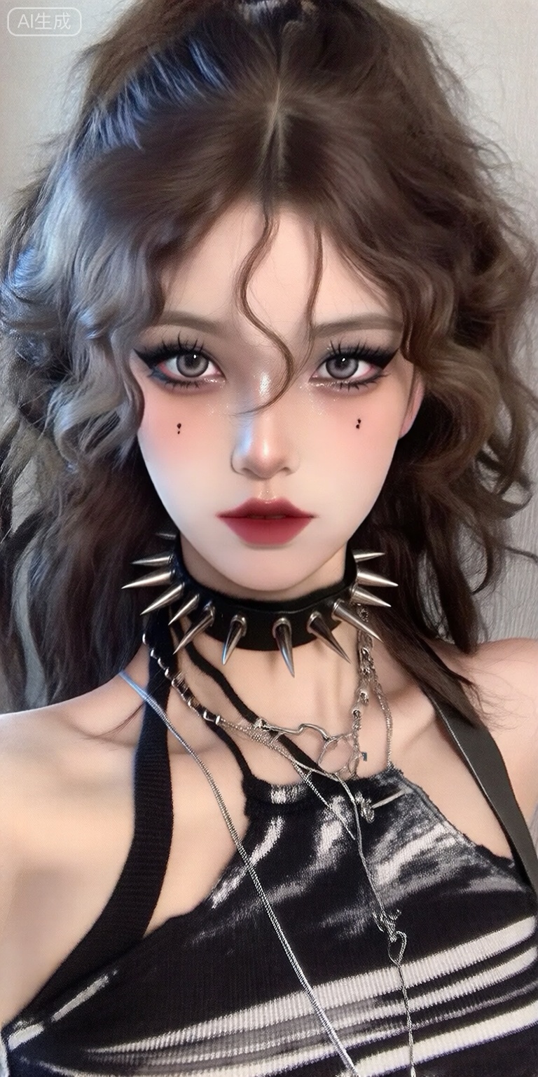 a photo-realistic shoot from a close-up camera angle about a young woman with wavy dark hair and striking makeup, wearing a black and white striped top with a choker and multiple necklaces, the image also shows a plain, light-colored wall in the background, on the middle of the image, a 20-year-old woman appears to be looking directly at the viewer with a neutral expression, she has dark brown hair styled in loose waves and large, expressive eyes, her hair is parted in the middle and falls down her back, framing her face, she wears a black choker with silver spikes around her neck and a silver chain necklace, her body is slim and she has bare shoulders, the overall aesthetic is gothic and edgy,

