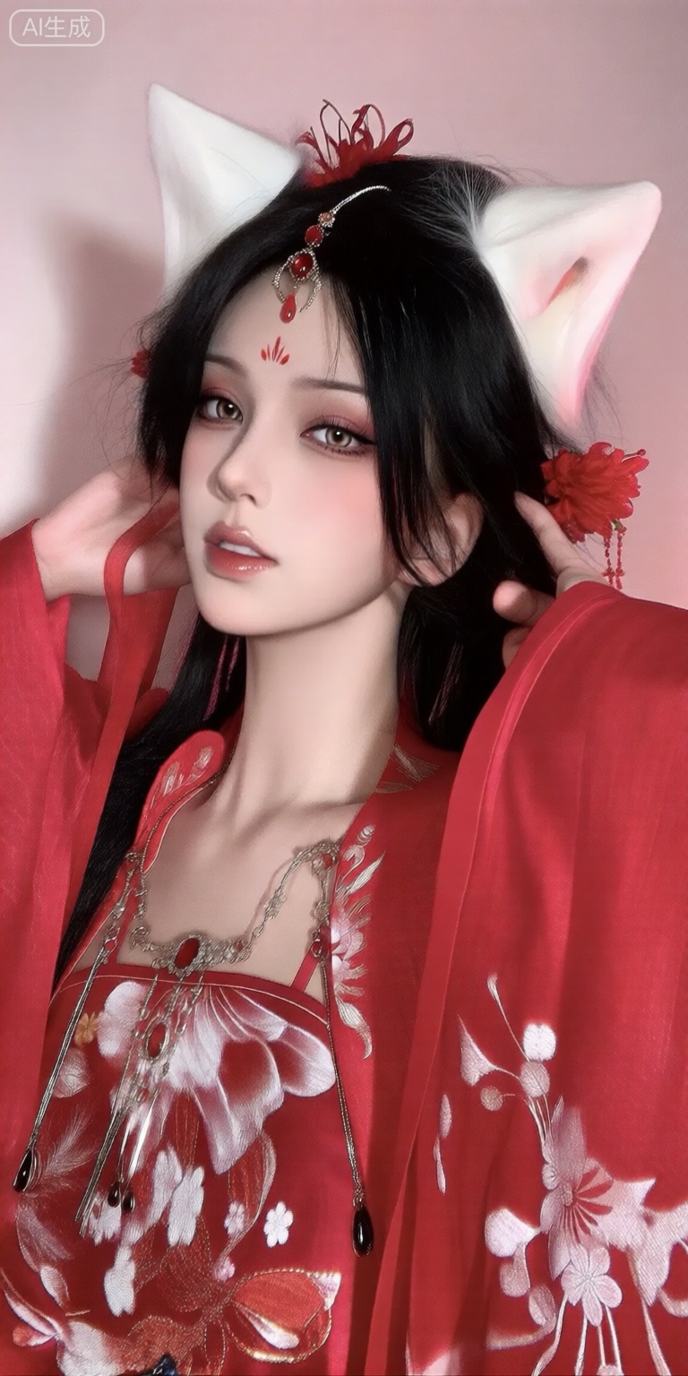 a photo-realistic shoot from a portrait camera angle about a woman with cat ears and a traditional red outfit adorned with floral patterns, the image also shows a woman in the middle of the image, who appears to be a young *****, with long black hair and cat ears, wearing a red kimono with white floral patterns, a red dress with a floral design, and a necklace with a red gemstone, she has a serious expression and is looking directly at the viewer, her eyes are brown and her hair is styled in a long hair style, she is wearing a headpiece with red flowers and a matching headband with white cat ears, the background is a soft pink color, which contrasts with the womans elegant and traditional attire,

