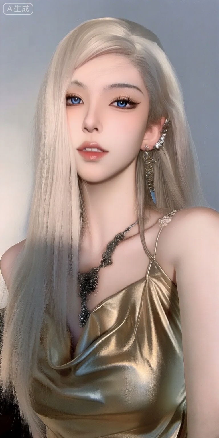 a photo-realistic portrait of a young woman with long, straight, platinum blonde hair and striking blue eyes, she is positioned in the middle of the image, wearing a gold, sleeveless dress with a plunging neckline that reveals her bare shoulders, the dress is adorned with a pearl necklace and earrings, adding a touch of elegance to her look, the woman has a neutral expression and is looking directly at the camera, with her lips slightly parted, the background is a simple, light-colored wall, which provides a subtle contrast to the womans elegant attire, the lighting is soft and even, highlighting her features and creating a serene atmosphere,