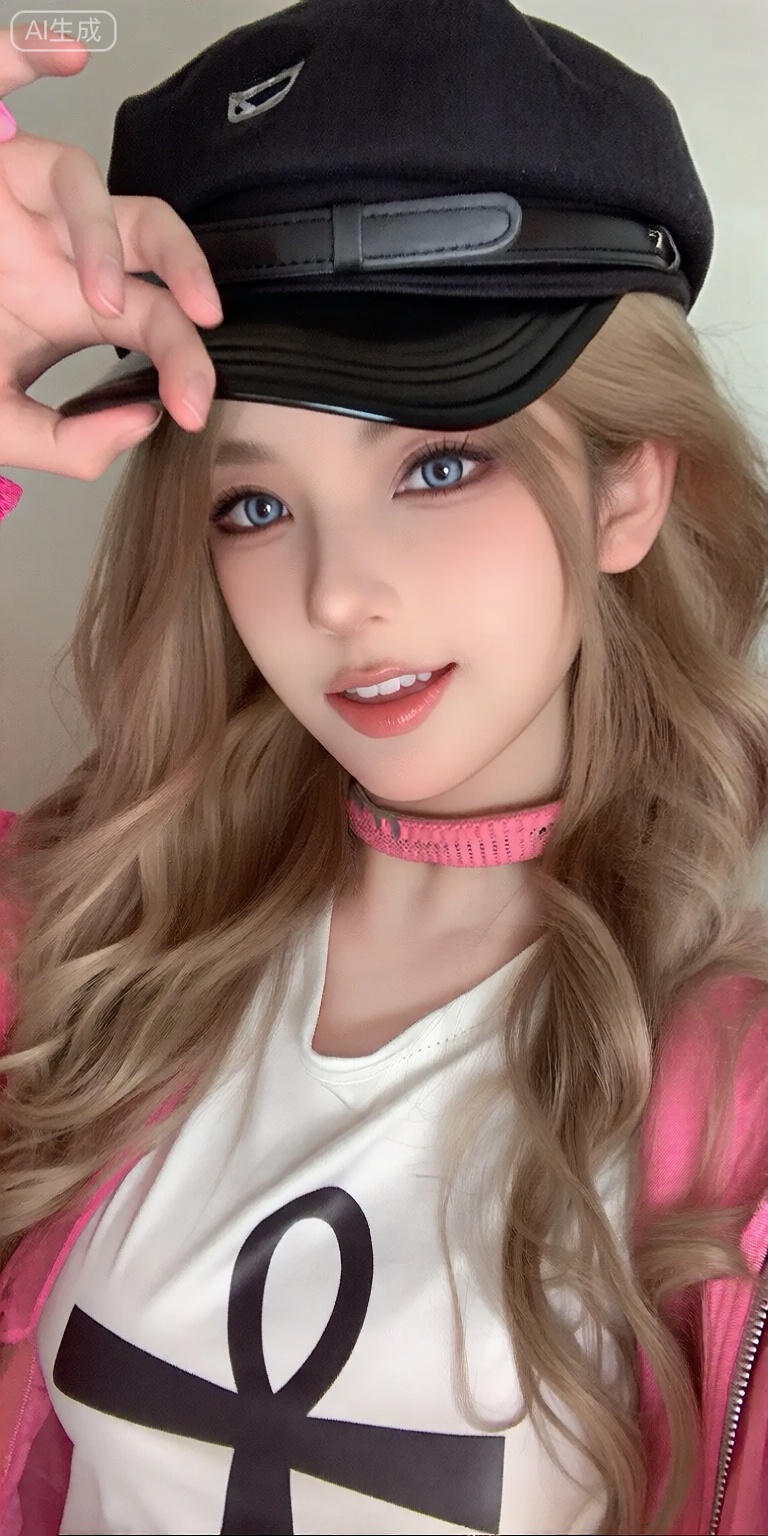 a photo-realistic shoot from a close-up camera angle about a young woman with long, wavy blonde hair wearing a black cap and a pink jacket, posing confidently with one hand on her head and the other resting on her chin, the woman, who appears to be in her early twenties, has fair skin, blue eyes, and a playful expression, she is wearing a white t-shirt with a black ankh symbol on it, a pink choker, and has a slight smile on her face, the background is a plain, light-colored wall, and the overall mood is casual and playful,