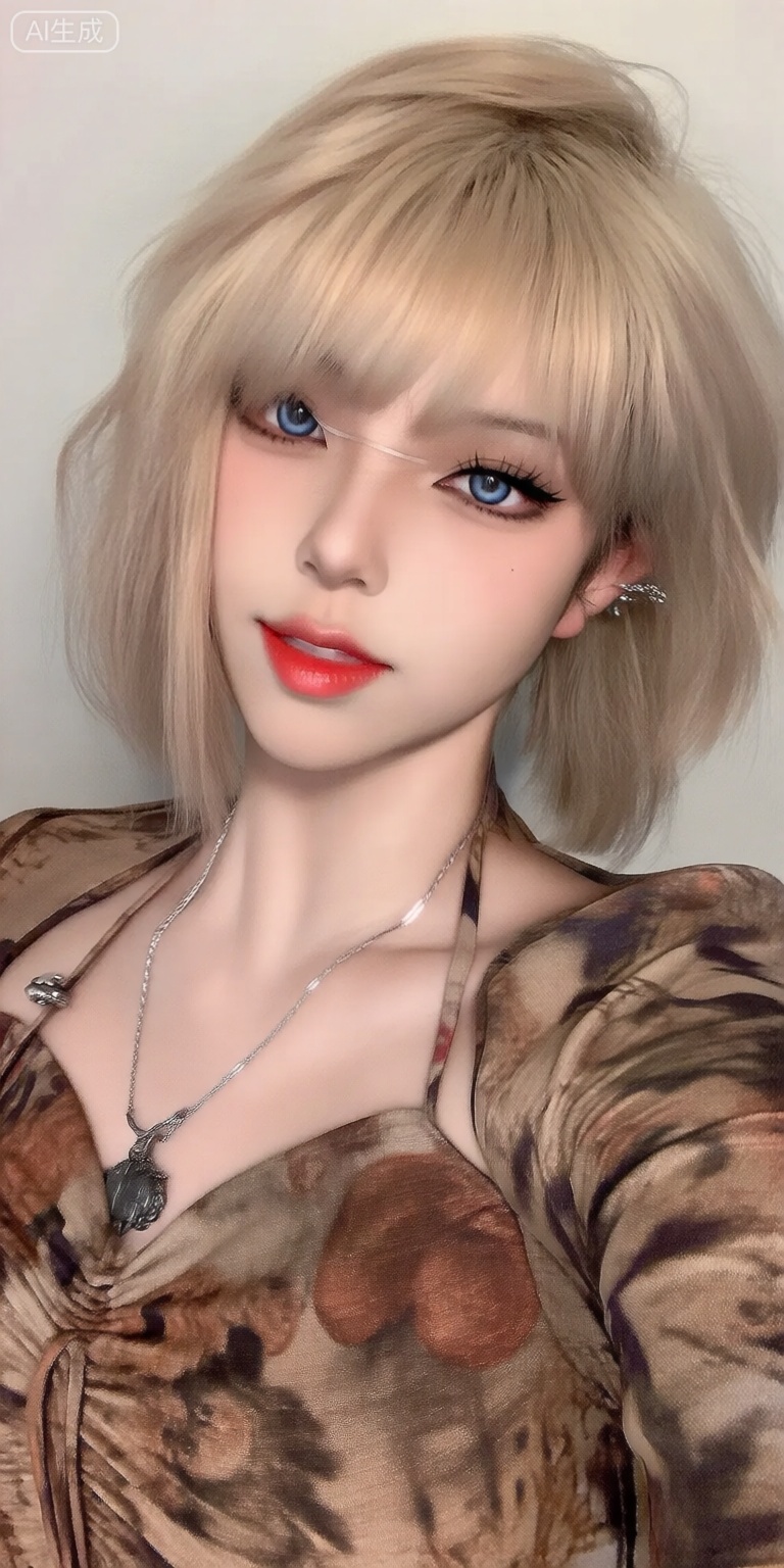 a photo-realistic shoot from a close-up camera angle about a portrait of a young woman with short, wavy blonde hair and striking blue eyes, wearing a brown floral dress with a plunging neckline and a silver necklace with a pendant, the woman is positioned in the middle of the image, with her upper body facing the viewer and looking directly at them with a neutral expression, her hair is styled in a bob cut with bangs framing her face, and her blue eyes are accentuated by long eyelashes and a subtle smile, her lips are painted with a bold red lipstick, and she is wearing minimal jewelry, including earrings and a necklace, the background is a plain, light-colored wall, and the lighting is soft and even, highlighting the womans features and the texture of her dress,