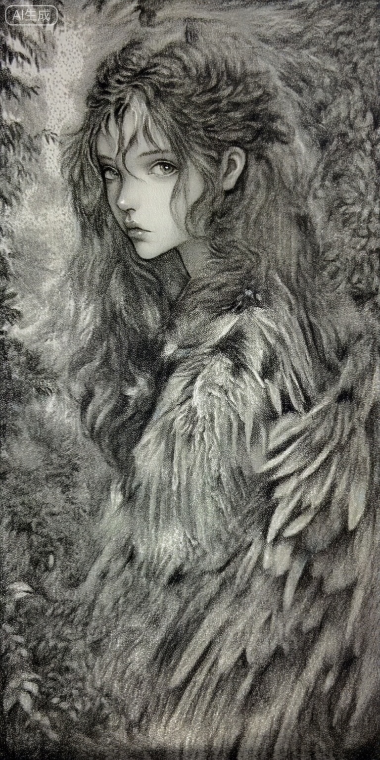 a detailed and realistic pencil drawing of a young woman with long, wavy brown hair and angelic wings, captured from a profile camera angle, the subject is positioned in the middle of the image, surrounded by a soft, blurred background of greenery, the woman has a serene expression, with her eyes looking directly at the viewer, and her hair is styled in a long, flowing manner, she is wearing a feathered jacket, which adds to the dreamy and ethereal atmosphere of the scene, the drawing is in black and white, with intricate details and shading that bring out the texture of the feathers and the womans skin, creating a sense of depth and dimensionality,



