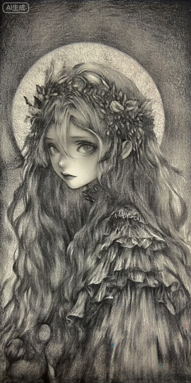 a detailed and realistic black and white drawing of a young girl with long, wavy hair adorned with a floral headpiece, set against a soft, textured background with a large, glowing halo behind her, the girl, who appears to be in her early twenties, is positioned in the middle of the image, facing the viewer with a serene expression, she is wearing a dark, frilly dress with ruffled edges, and her hair is styled in loose waves that cascade down her back, her eyes are a striking brown color, and she is looking directly at the viewer, with her closed mouth and closed eyes giving a sense of calmness, the overall style of the drawing is reminiscent of gothic art, with intricate details and shading that bring out the delicate beauty of the girls face and clothing,
