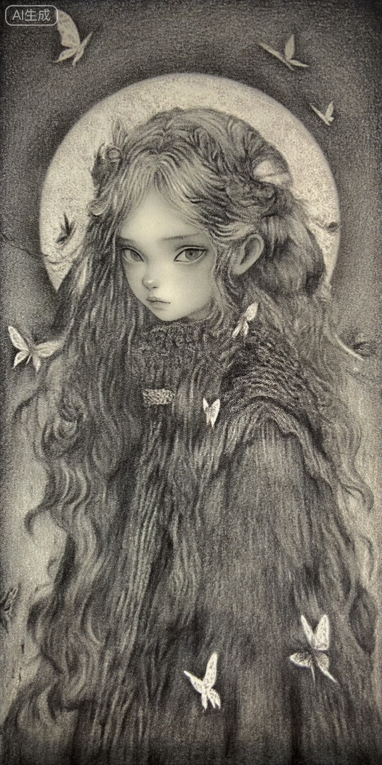 a black and white, detailed and realistic drawing of a young girl with long, wavy hair adorned with a flower in her hair, standing in the middle of the frame, she has a serene expression and is wearing a dark, knitted cloak with intricate patterns, the background features a large, glowing halo and several small, delicate butterflies fluttering around her, adding to the ethereal atmosphere of the image, the girl appears to be in her early twenties, with light skin and a delicate, almost ethereal appearance, she is facing the viewer, looking directly at them with her closed mouth and brown eyes, her hair is styled in long, flowing locks that cascade down her back, framing her face, the overall effect is one of peacefulness and serenity, with the girls delicate features and the intricate patterns of the butterflies adding a touch of whimsy to the otherwise monochromatic image,




