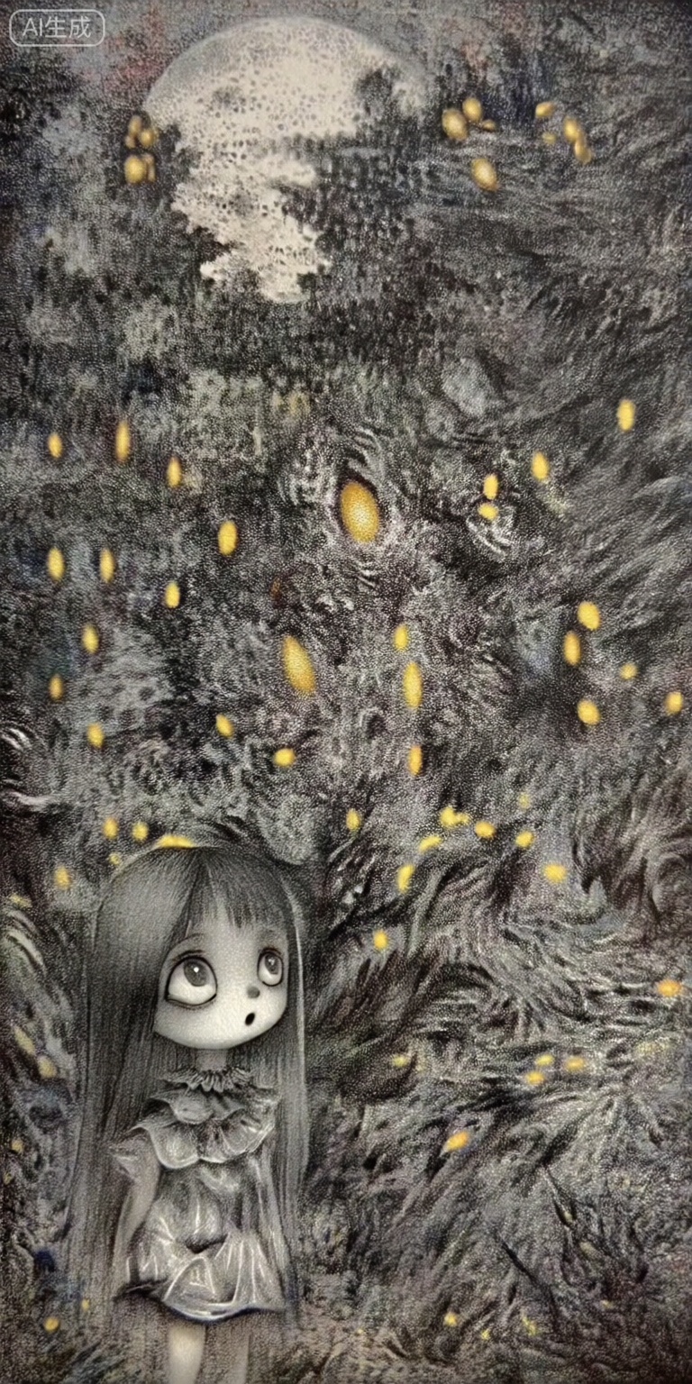 a whimsical and fantastical illustration featuring a small, chibi-style doll with a surprised expression, standing in the middle of the image, the doll has long, straight, black hair and large, expressive eyes that seem to be looking directly at the viewer, it is wearing a short, silver dress with a ruffled neckline, and the doll is positioned slightly to the left, giving a sense of depth and perspective, the background is a dark, starry night sky with a large, glowing moon in the center, surrounded by a dense, dark forest with glowing yellow spots, the overall style of the illustration is reminiscent of japanese manga or anime, with intricate details and a soft, ethereal quality,



