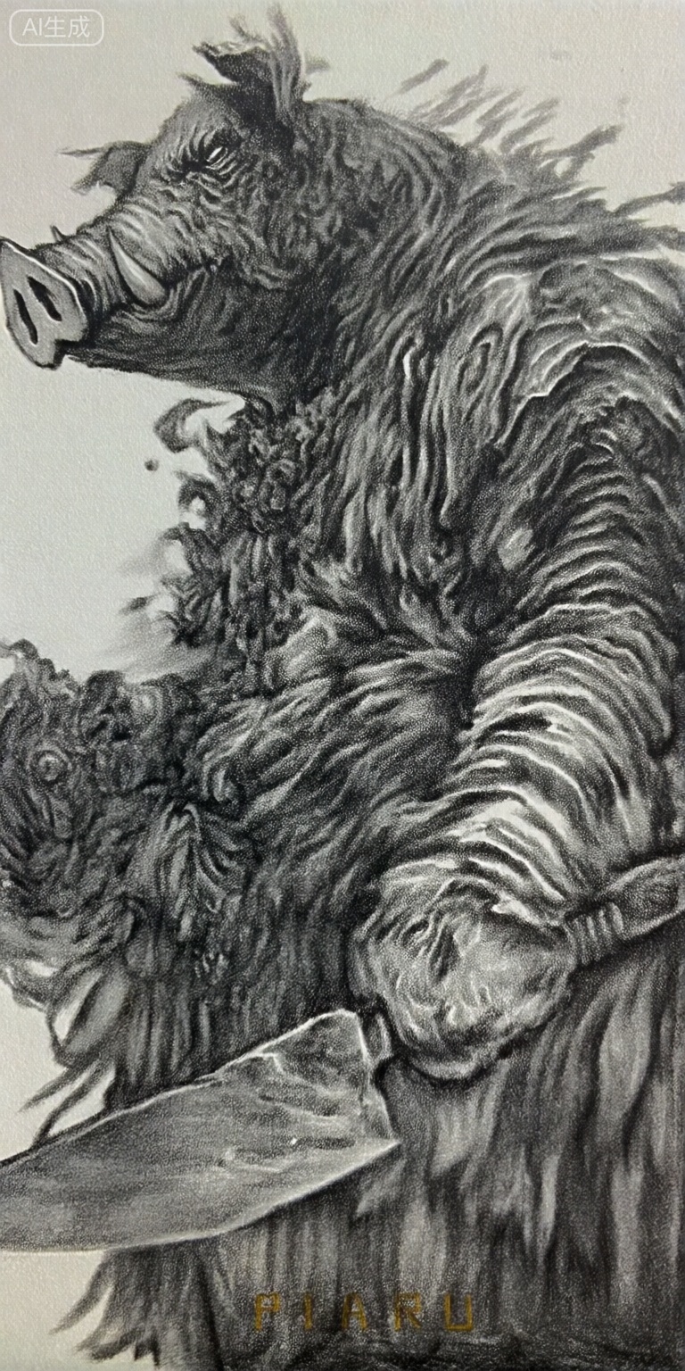 a black and white pencil drawing of a large, muscular, anthropomorphic boar with a fierce expression, holding a large knife in its right hand, the boar is depicted in a profile view, with its upper body facing the viewer and its head turned slightly to the side, it has a thick, shaggy coat with intricate patterns, and its body is covered in fur, the background is a plain, light-colored textured surface, and the drawing is signed piaru in the bottom right corner,


