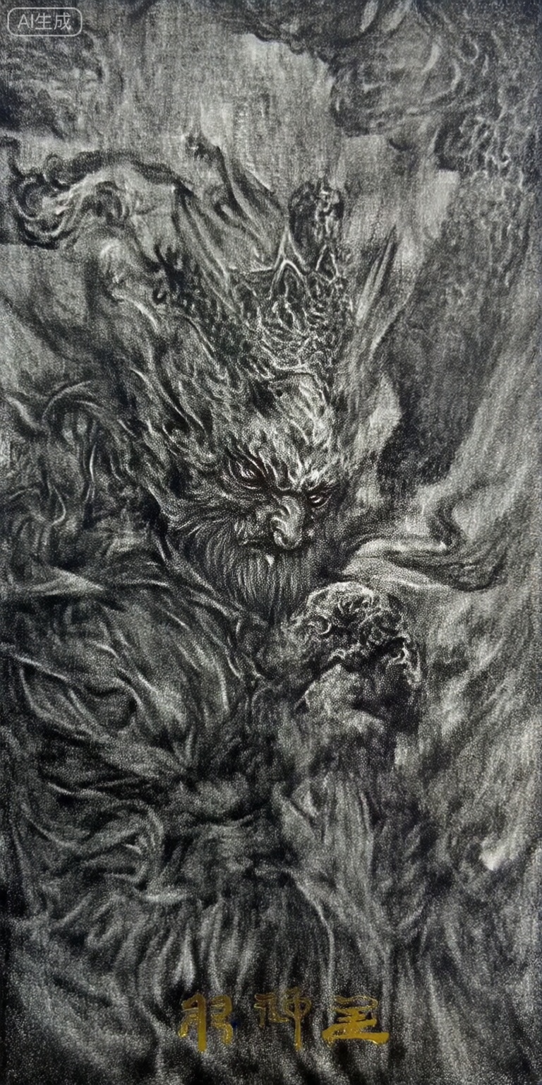 a black and white, monochromatic drawing of a mythical creature with a long beard and a crown of hair, depicted in a contemplative pose, the creature, positioned in the middle of the image, appears to be an ***** male, with a serious expression and a long, curly beard, he is wearing a dark robe with intricate patterns, and his hands are clasped together in front of his face, as if deep in thought, the background is a textured, abstract pattern with a mix of light and dark tones, giving the image a sense of depth and texture, in the bottom right corner, a chinese character is written in gold, adding a touch of elegance to the overall composition,


