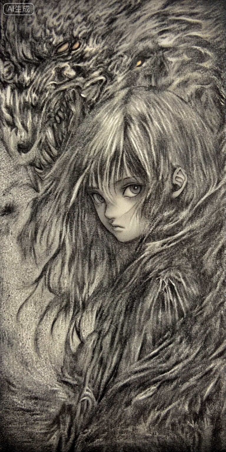 a detailed and realistic black and white drawing of a young girl with long, flowing hair, standing in the middle of the image, looking directly at the viewer with a serene expression, she appears to be in her early twenties, with light skin and a delicate, almost ethereal quality to her hair, her hair is long and flowing, cascading down her back in a way that creates a sense of movement and energy, behind her, a large, menacing creature with sharp, menacing eyes and sharp teeth can be seen, blending seamlessly into the background, the creatures eyes are glowing yellow, and its mouth is open, revealing sharp teeth, the girl is wrapped in a dark, textured fabric, adding to the sense of depth and dimensionality in the image, the background is a textured, neutral-colored surface that contrasts with the girl and the creature, creating a striking visual effect, the overall style is reminiscent of japanese manga or anime art, with intricate details and shading that bring the image to life,


