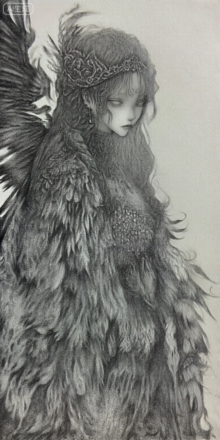 a black and white pencil drawing of a young woman with long, wavy hair, wearing a feathered dress adorned with intricate floral patterns, the woman, who appears to be in her early twenties, is positioned in the middle of the image, with her upper body facing the viewer, she has a serene expression, with closed eyes and a closed mouth, her hair is styled in long, flowing locks, and she is adorned with a hair ornament and a pair of earrings, her wings, which are large and feathered, are spread out behind her, the background is a plain, textured grey, which contrasts with the womans delicate features and the intricate details of her dress and wings, the overall style of the drawing is reminiscent of gothic art, with a focus on texture and shading,



