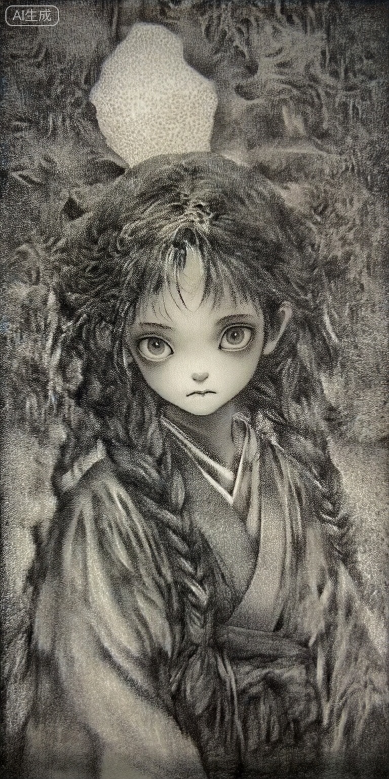 a detailed and realistic black and white drawing of a young girl with long, braided hair, standing in the middle of the image, she has a serious expression and is looking directly at the viewer with large, expressive brown eyes, her hair is styled in two braids, and she is wearing a traditional japanese outfit with a shawl draped over her shoulders, the background is a textured, abstract pattern with a soft, ethereal light source above her head, creating a sense of depth and atmosphere, the drawing is done in a realistic style with intricate details and shading, giving it a soft and dreamy quality,



