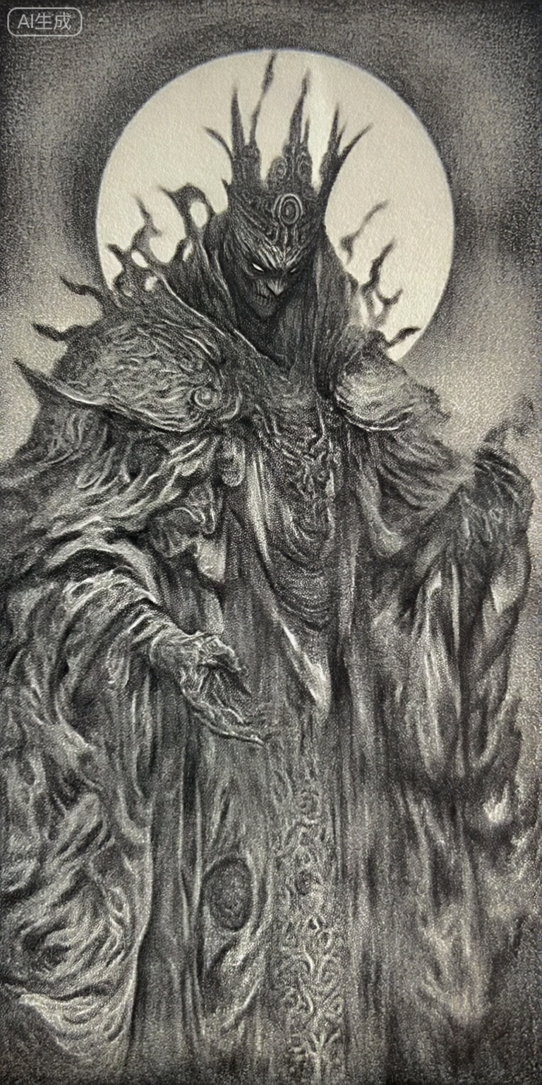 a black and white, detailed, and realistic illustration of a dark, ominous figure with a crown-like head and a long, flowing robe, the figure, positioned in the middle of the image, is facing the viewer with a stern, focused expression, the robe is intricately designed with a paisley pattern, and the figures hands are raised, giving a sense of power and authority, the background features a large, circular halo, adding to the ominous atmosphere of the scene, the style is reminiscent of dark fantasy art, with a focus on intricate details and shading, making the figure stand out from the background,


