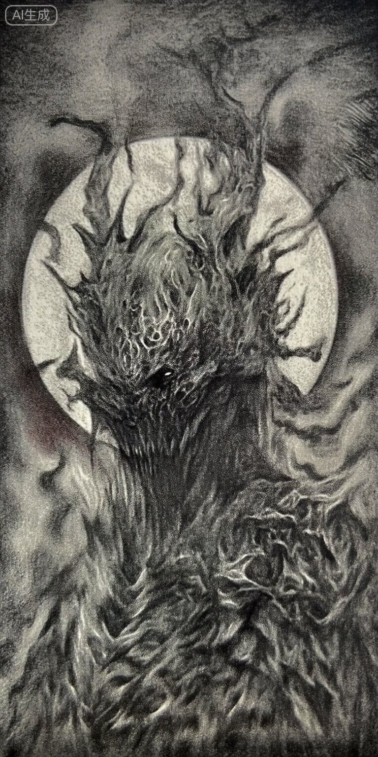 a black and white, monochromatic drawing of a demonic figure with a large, circular halo behind it, the figure is positioned in the center of the image, with its upper body facing the viewer, and its face is covered in intricate, dark, textured patterns with spikes protruding from its head, its hair is long and flowing, adding to the ominous atmosphere of the scene, the background is a dark, smoky sky with a faint, glowing circle behind the figure, which adds to the sense of depth and dimensionality in the image, the overall style is reminiscent of dark fantasy art, with intricate details and a sense of mystery and foreboding,


