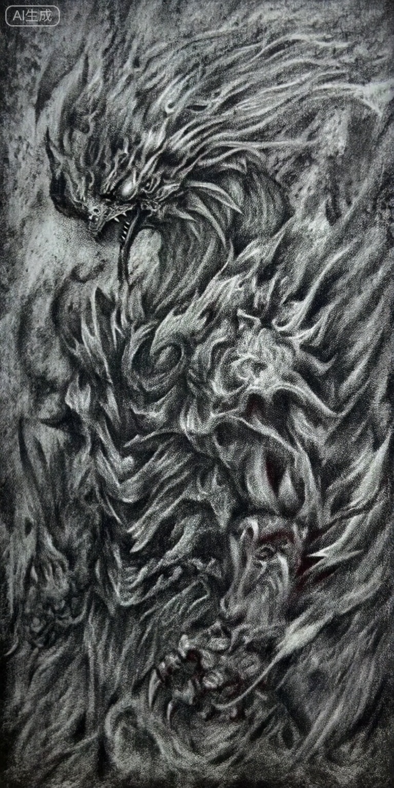 a detailed, stylized black and white drawing of a fierce, dragon-like creature with a muscular, fierce expression, depicted in a monochromatic style, the creature, positioned in the middle of the image, appears to be a phoenix, with a long, flowing mane of hair and intricate, tribal-like patterns covering its body, its eyes are glowing red, and its mouth is slightly open, revealing sharp teeth, its wings are spread wide, giving it a sense of power and strength, as if it is soaring through the air, the background is a rough, textured surface with a mix of dark and light gray tones, adding to the overall sense of depth and dimensionality in the image, the overall effect is one of intense intensity and power, making it a striking and captivating piece of art,



