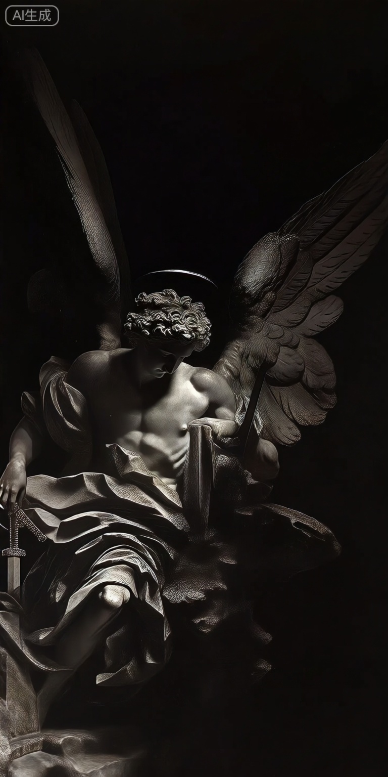 a black and white photo-realistic depiction of a statue of an angel with wings, seated in a contemplative pose, holding a sword in one hand and a book in the other, the angel, who appears to be a muscular man with curly hair and a halo on his head, is positioned in the middle of the image, with his wings spread out behind him, he is wearing a flowing robe and has a serene expression on his face, as if lost in thought, the background is a solid black color, which contrasts with the angels elegant features and creates a striking visual effect, the image is highly detailed and realistic, with a focus on texture and detail, making it a captivating piece of art,



