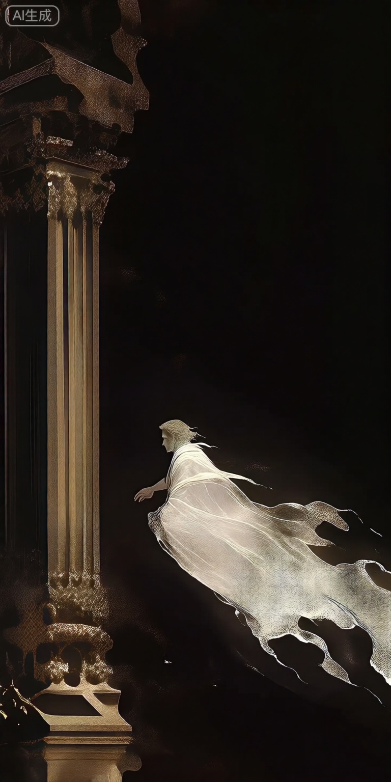 a digital illustration shoot from below about a silhouette of a man in a flowing white robe against a dark background, with a tall, ornate column on the left, the image also shows a dramatic effect, with the figure appearing to be floating in the air, on the middle of the image, a man, who appears to be in his mid-twenties, is standing with his back to the viewer, facing away from the viewer, he is wearing a white, sheer robe that is flowing in the wind, creating a sense of movement and energy, the mans hair is styled in a short, neat manner, and he has a serious expression on his face, his body is slim, and his face is not visible, he has no clothing or accessories, the background is dark, and the lighting is dramatic, casting shadows and highlights on the figure,

