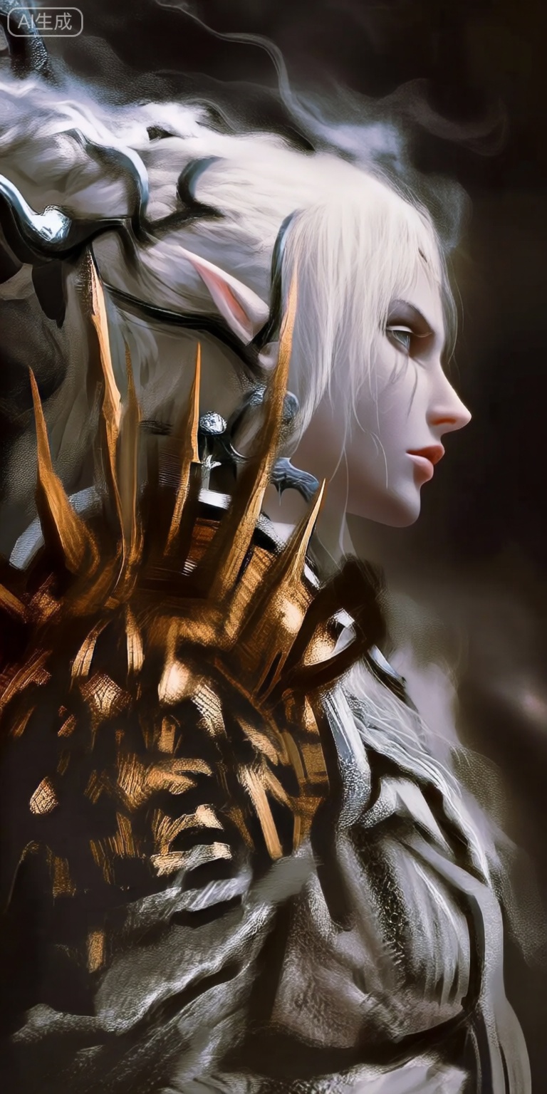 a digital illustration shoot from a profile camera angle about a fantasy character with white hair and ornate armor, featuring intricate details and a serious expression, the image also shows a dark, moody background with a smoky atmosphere, on the middle of the image, a 1woman, who appears to be in her late 20s, with light skin, long white hair styled in a braid, and pointed ears, is facing the viewer with her eyes looking to the side, she is wearing ornate, metallic armor with gold accents, including spikes and a headpiece, her expression is serious and contemplative, with her lips slightly parted, her body is slim, and she has a delicate, ethereal appearance, the armor is detailed with intricate patterns and textures, and the background is dark and moody, with a hint of smoke in the air,

