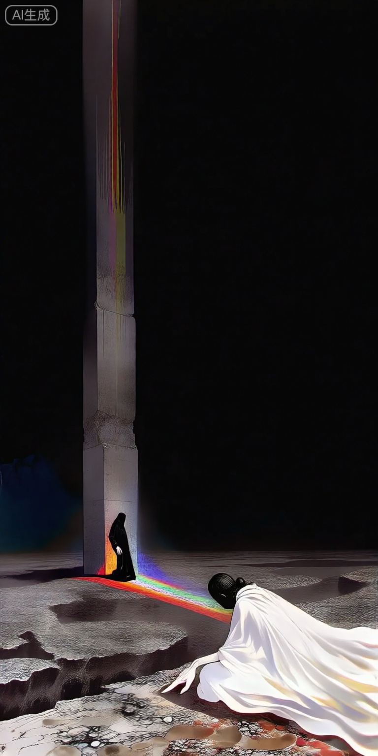 a surreal digital illustration shoot from the front about two figures in a dark, desolate landscape, one kneeling on the ground and the other standing in front of a tall, concrete pillar, the scene is set against a black background with a rainbow-like light emanating from the pillar, creating a sense of depth and dimensionality, on the right side of the image, a woman in a white dress is kneeling on a rocky surface, facing away from the viewer, her hands clasped together in a contemplative pose, she appears to be in her mid-twenties, with her long, flowing white dress billowing in the wind, her face is not visible, but her expression is one of serenity and vulnerability, the woman is wearing a black abaya, and her hair is pulled back in a tight bun, adding to the sense of intimacy and vulnerability in the scene, the overall effect is one that captures the essence of a moment of contemplation and introspection, with the womans white dress standing out against the dark background and the mans figure in the foreground,


