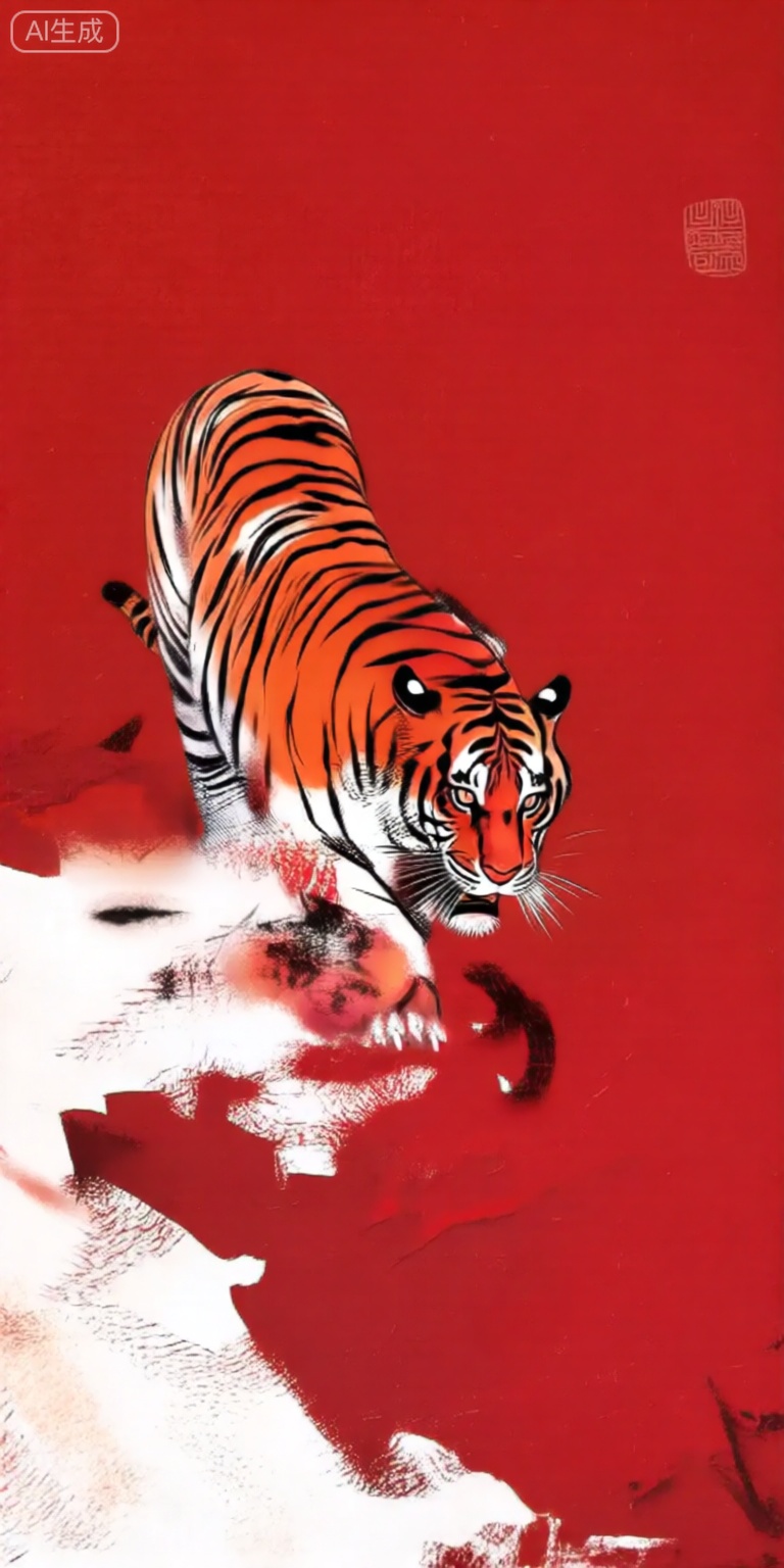a digital illustration shoot from a low angle about a stylized illustration of a tiger on a red background, the image features a single tiger in the center of the frame, positioned in the middle of the image, the tiger is depicted in a powerful stance, with its front paws on the ground and its tail curled around its body, its orange and black stripes are clearly visible, and its eyes are focused intently on something in the distance, the background is a solid red color, with a rough, textured surface that adds to the overall sense of depth and dimensionality, the overall style is reminiscent of traditional chinese art, with bold lines and vibrant colors that bring the tiger to life,

