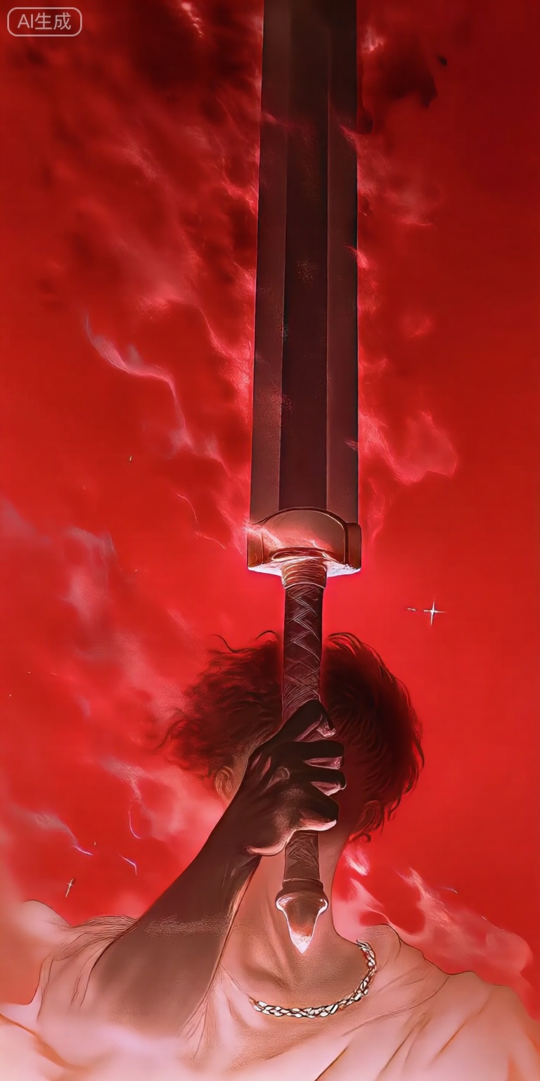 a digital illustration shoot from a frontal camera angle about a silhouette of a person holding a large sword above their head, with a dramatic red background and a cloud of smoke surrounding them, the image also shows dramatic lighting effects, on the middle of the image, a 1woman, who appears to be in her late teens or early twenties, with short, dark hair, is facing away from the viewer, with her upper body visible, she is wearing a white dress and a necklace, and her face is obscured by the sword, her expression is neutral, and she is holding the sword above her head with both hands, her body is slim, with no clothing or accessories, her hair is styled in a short, curly manner, her eyes are not visible, her ears are not shown, her mouth is closed, she has a necklace around her neck,