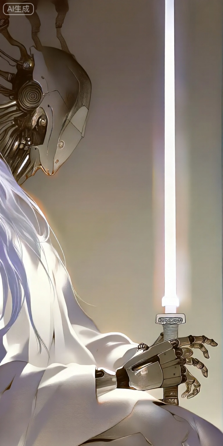 a digital illustration shoot from a close-up camera angle about a robotic figure holding a glowing sword in a contemplative pose, the image also shows a humanoid robot with a sleek, metallic body and long, flowing white hair, on the middle of the image, a robot appears to be sitting, with its upper body facing the viewer, the robot is wearing a white robe, and its hands are outstretched, holding the sword with one hand, the sword is positioned in front of the robot, casting a soft, ethereal light that illuminates the scene, the background is a simple, neutral-colored wall, and the overall atmosphere is one of calmness and serenity,
