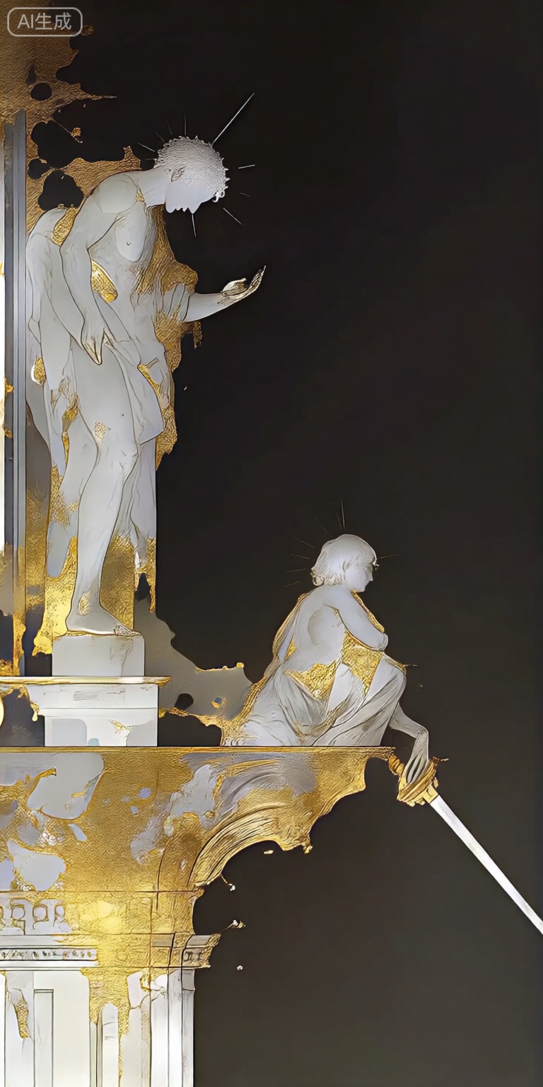 a digital illustration shoot from a profile camera angle about a stylized depiction of two figures, one standing and one kneeling, with golden accents, set against a dark background, on the left side of the image, a muscular, white-skinned man with short, curly hair appears to be in a state of contemplation, with his head bowed and his hands clasped together in front of him, he is standing on a pedestal, wearing a white, flowing robe with gold accents, and has a halo on his head, on on the right side of image, another figure, a slender, white woman with short hair, is kneeling and holding a sword, facing away from the viewer, with her eyes closed and her head bowed, she is wearing a golden robe with intricate details, and her hair is styled in a way that accentuates her features, the statue is placed on a decorative, ornate pedestal in the foreground, with the golden accents adding a touch of elegance to the scene, the overall effect is one of serenity and contemplation, as if the two figures are engaged in a moment of reflection and contemplation,

