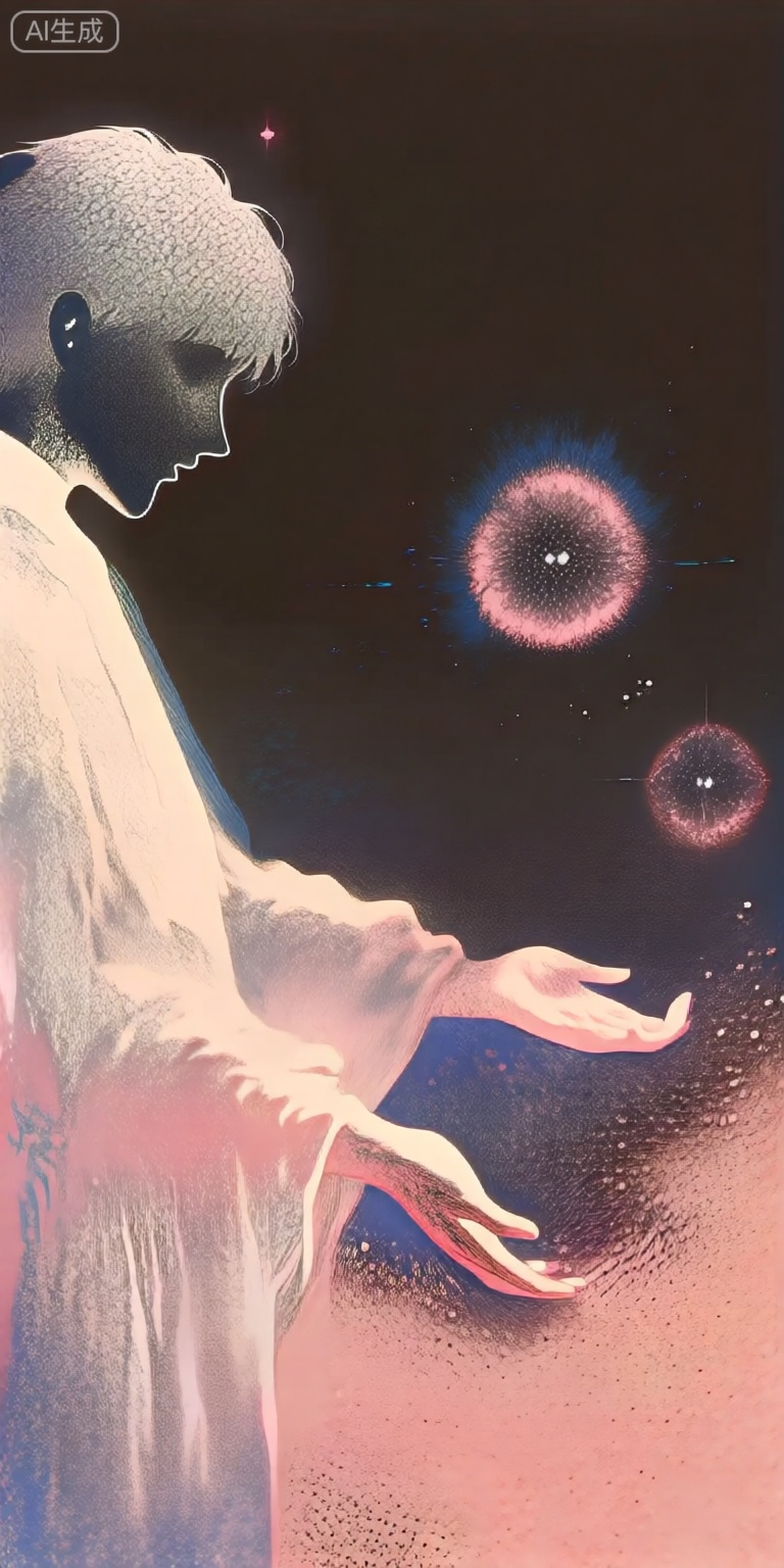 a digital illustration shoot from a profile camera angle about a silhouette of a person standing with their hands outstretched towards two glowing orbs, set against a dark, starry sky with pink and blue hues, the image also shows a serene and mystical atmosphere, on the middle of the image, a 1woman, who appears to be in her late teens or early twenties, with short, light-colored hair, is standing with her upper body facing the viewer, she is wearing a long, flowing white robe, and her expression is calm and contemplative, her body is slim, and she is facing away from the viewer, with her eyes closed, her hands are outstretched, as if she is reaching for the glowing orbs in front of her, the orbs are large and round, with a soft, ethereal glow emanating from them, the background is a gradient of dark to pink hues, creating a dreamy and ethereal atmosphere,

