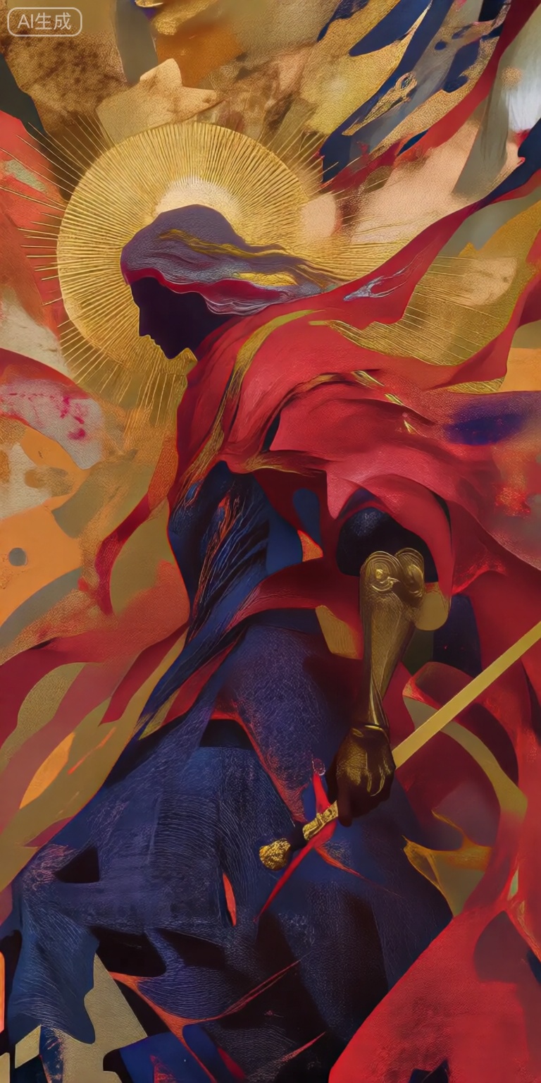 a digital illustration shoot from a profile camera angle about a silhouette of a woman in a flowing red and gold outfit, holding a sword, with a golden halo above her head, set against a vibrant background of abstract shapes and colors, the image also shows a dramatic and dynamic composition, on the middle of the image, a woman, who appears to be in her mid-twenties, is facing away from the viewer, with her full body visible, she is wearing a long, dark blue dress with intricate patterns, and her hair is styled in a long hair style, her facial expression is not visible, but her eyes are directed towards the viewer, she has a sword in her right hand and her armor is visible on her left arm, the woman is standing in a dynamic pose, with the sword held firmly in her hand, the background is filled with abstract shapes in shades of red, gold, and orange, creating a dynamic and powerful atmosphere,

