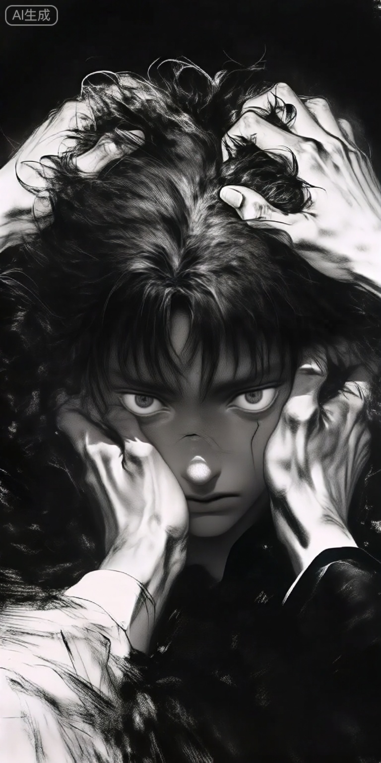a black and white, monochrome digital illustration from a close-up camera angle, depicting a young man with long, curly black hair and a serious expression, looking directly at the viewer with large, expressive eyes, he appears to be in his early twenties, with a slim body and dark hair, and is wearing a black outfit with a fur collar, the background is a simple, dark gradient, and the focus is on the mans expression and the texture of his hair, which is messy and unkempt, on the middle of the image, a pair of hands are gripping his head, creating a sense of tension and distress, the man is positioned in the center of the frame, with the hands on either side of his face, adding to the sense of unease and confusion, the overall mood is one of intense emotion and vulnerability, as if he is trying to solve a difficult situation,