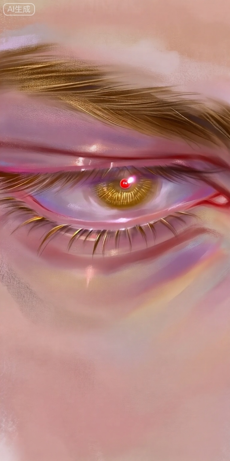 a close-up digital illustration shoot from a close up camera angle about a closeup portrait of a close eye with an intense gaze, featuring a detailed and realistic style with a focus on the eyelashes and eyelashes, the image also shows a dramatic makeup look with a mix of pink and purple hues, highlighting the inner part of the eye, on the middle of the image, a young man appears to be looking at the viewer with a serious expression, the mans eye is the focal point, with a bright yellow iris and a small red pupil, the eye is framed by long, golden eyelashes, and his eyebrows are trimmed with brown hair, the background is a soft, pastel-colored, blurred texture with a subtle gradient effect, giving the image a dreamy, ethereal quality,

