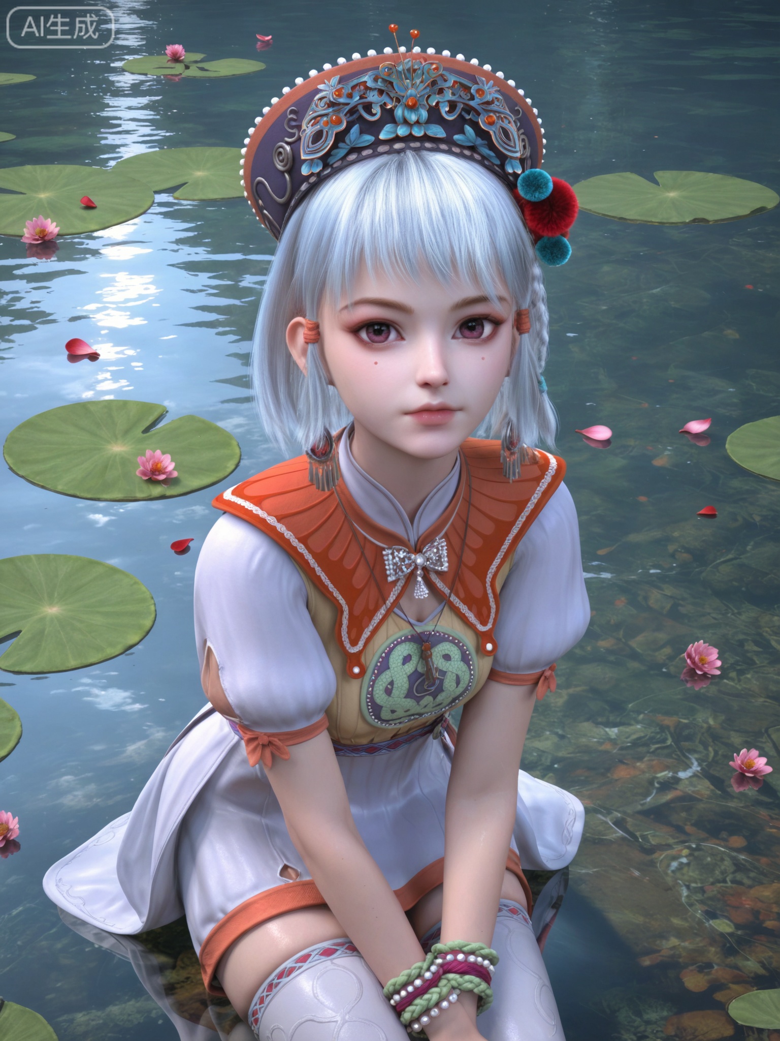 score_9,score_8_up,score_7_up,realistic,photorealistic,1girl,solo,looking_at_viewer,realistic,1girl,Vivid Colors,bright environment,delicate water,hair_ornament,shiny skin,shiny hair,reflection,flower sea,falling petals,extreme detail description,(full body:0.3),white hair,(skindentation:1.3),bright,sunshine on face,light,sitting_down,reflection,leg slimming,lose weight,slim hips,red stoucking,