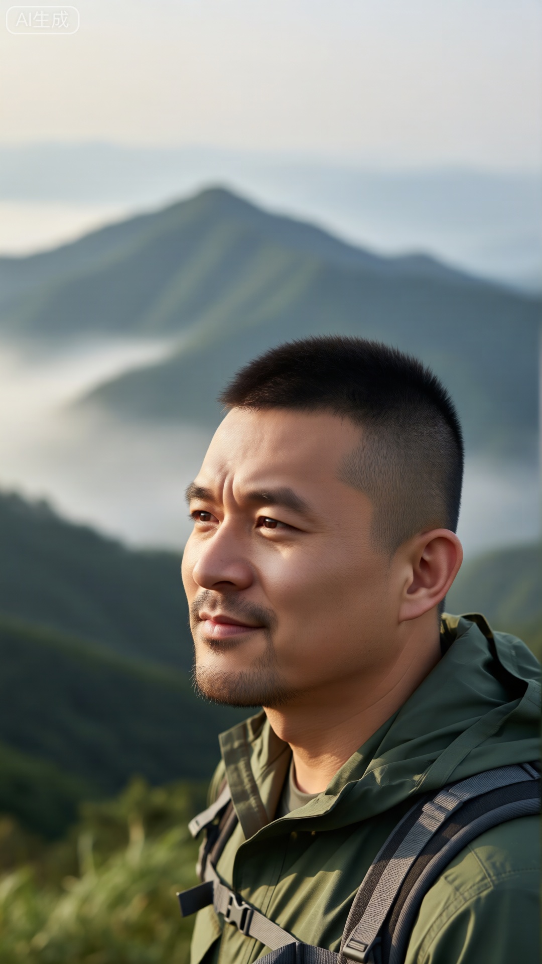 一个名叫立军（英文名：nsjs）的男子,留着利落的军人寸头,蓄着整齐的胡须；他正站在山间清晨的观景台上,望着远处云雾缭绕的峰峦,刚结束一场畅快的徒步,嘴角带着浅浅的笑意,山间的清风拂过他的脸颊,带着草木的清新气息。