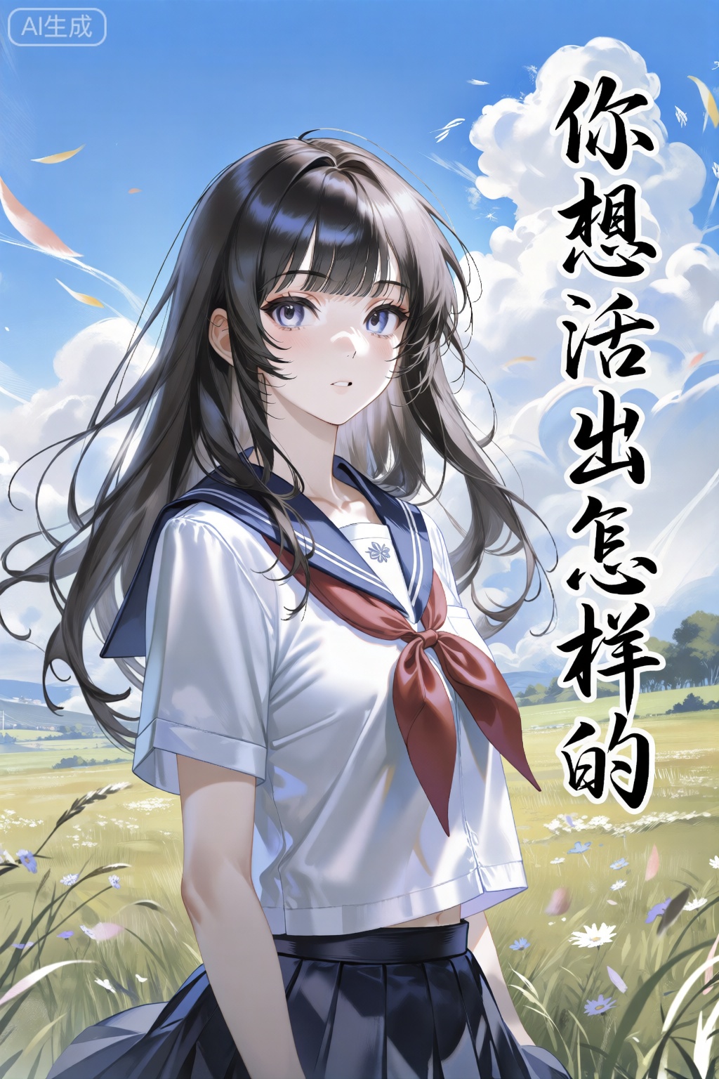 一个女生穿着jk制服,upper_body,看着镜头,背景是蓝天白云,in a meadow,图片的右侧用艺术字体写着你想活出怎样的