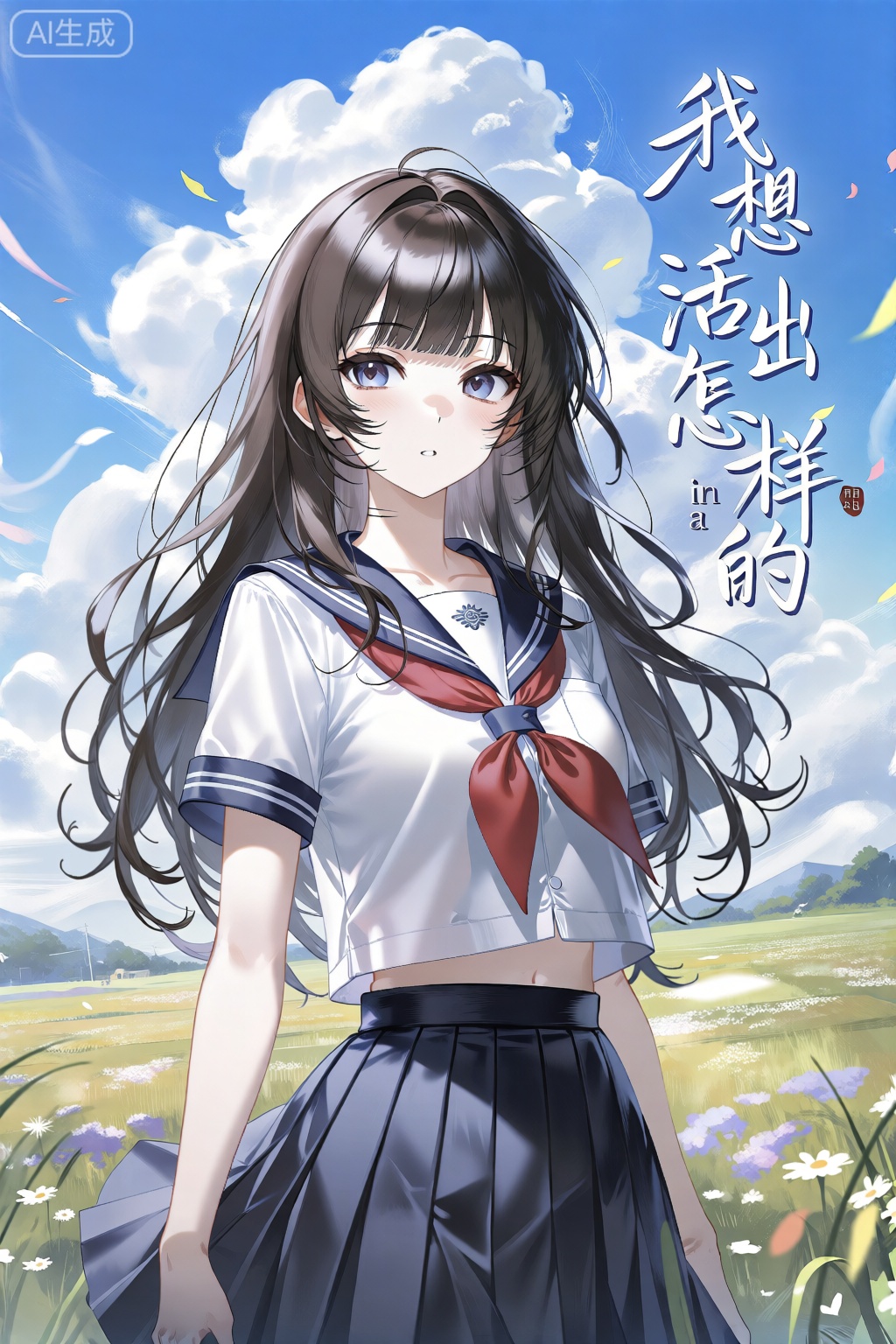 二次元,一个女生穿着jk制服,upper_body,看着镜头,背景是蓝天白云,in a meadow,图片的右侧用艺术字体写着你想活出怎样的