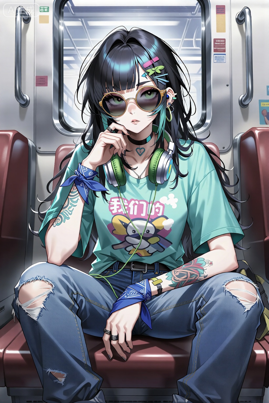 二次元,美学艺术,插图,图像的特点是一个具有明显女性特征的坐着的人的程式化数字插图。这个角色穿着一件印有“我们的”图案的休闲短袖绿松石t恤,还有一条有点破旧的牛仔裤。值得注意的是她左臂上可见的纹身和缠绕在右手腕上的蓝色头巾。她头上戴着超大的圆形太阳镜,脖子上戴着绿色的耳机。她的姿势很放松,有点沉思,一只手托着下巴,整体姿势显得随意自信。考虑到她身后有一个类似地铁的窗户,两边都有把手,背景似乎是一个公共交通空间。
