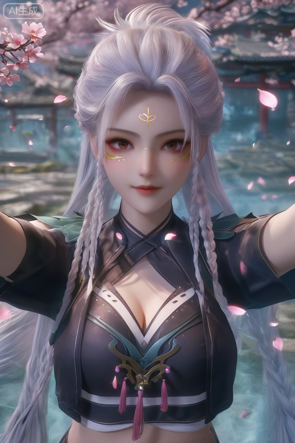 masterpiece, best quality, masterpiece,best quality,official art,extremely detailed CG unity 8k wallpaper,1girl,solo,looking at viewer,long hair,brown eyes,braid,white hair,facial mark,forehead mark,twin braids,body markings,faceoff,facing viewer,crop top,midriff,upper body,Cherry Blossoms,petals,breasts,cleavage cutout,outstretched arms,