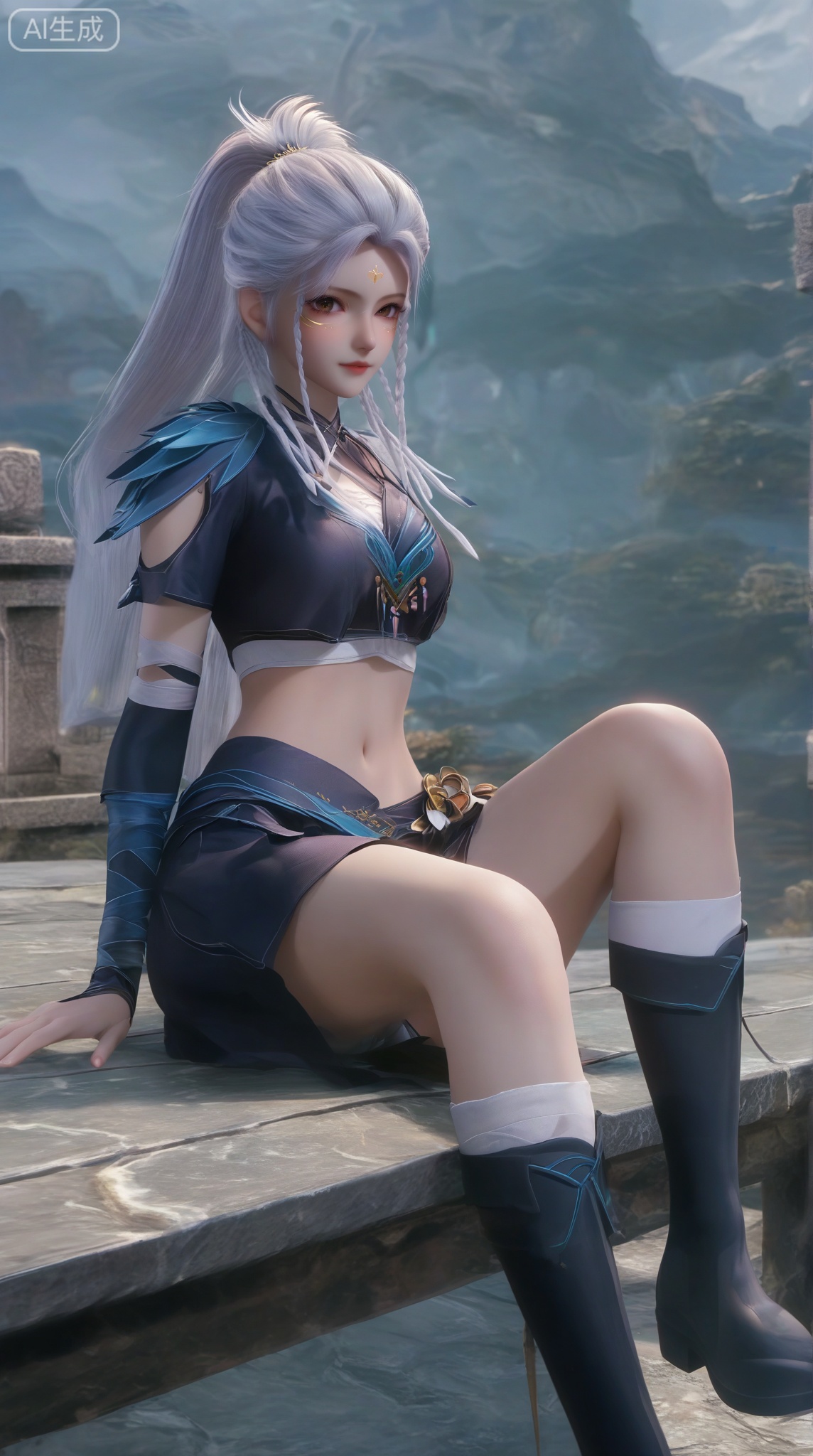 masterpiece, best quality, masterpiece,best quality,official art,extremely detailed CG unity 8k wallpaper,1girl,solo,looking at viewer,long hair,skirt,navel,brown eyes,braid,white hair,facial mark,forehead mark,twin braids,ponytail,midriff,crop top,skirt,legs,knee boots,full body,hands,sitting,stone,sitting on railing,magic,(knee up:1.2),full body,long legs,