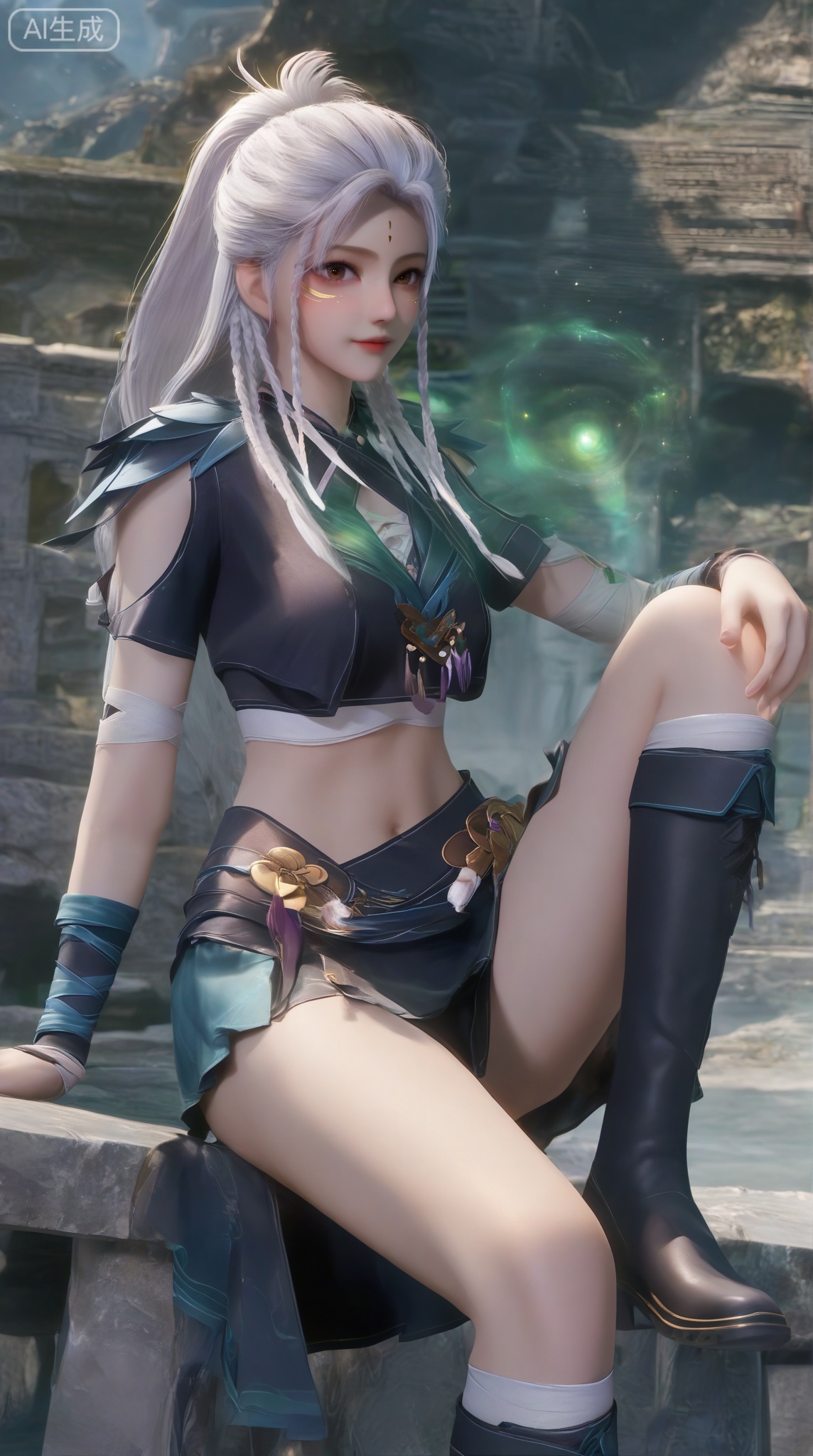masterpiece, best quality, masterpiece,best quality,official art,extremely detailed CG unity 8k wallpaper,1girl,solo,looking at viewer,long hair,skirt,navel,brown eyes,braid,white hair,facial mark,forehead mark,twin braids,ponytail,midriff,crop top,skirt,legs,knee boots,full body,hands,sitting,stone,sitting on railing,magic,(knee up:1.2)