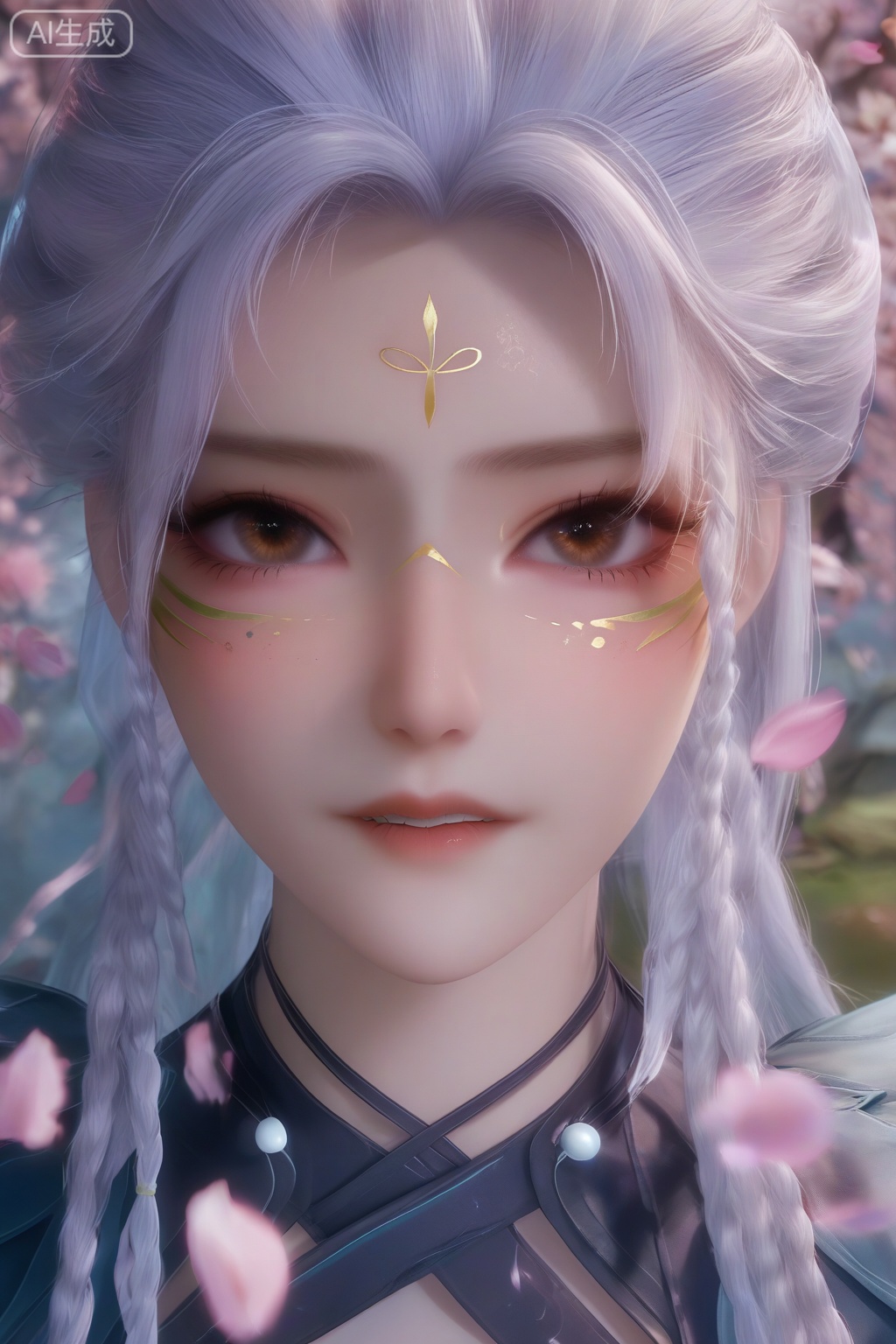 masterpiece, best quality, masterpiece,best quality,official art,extremely detailed CG unity 8k wallpaper,1girl,solo,looking at viewer,long hair,brown eyes,braid,white hair,facial mark,forehead mark,twin braids,body markings,faceoff,facing viewer,crop top,midriff,upper body,Cherry Blossoms,petals,Slender legs,lip biting,parted lips,(seize the chest with force:1.3),