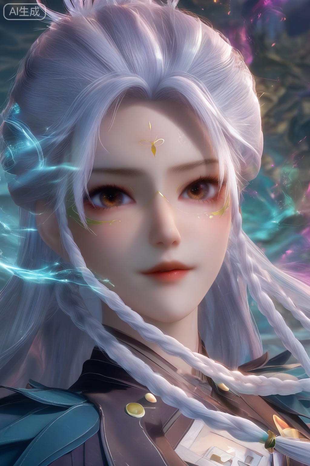 masterpiece, best quality, masterpiece,best quality,official art,extremely detailed CG unity 8k wallpaper,1girl,solo,looking at viewer,long hair,brown eyes,braid,white hair,facial mark,forehead mark,twin braids,magic,portrait