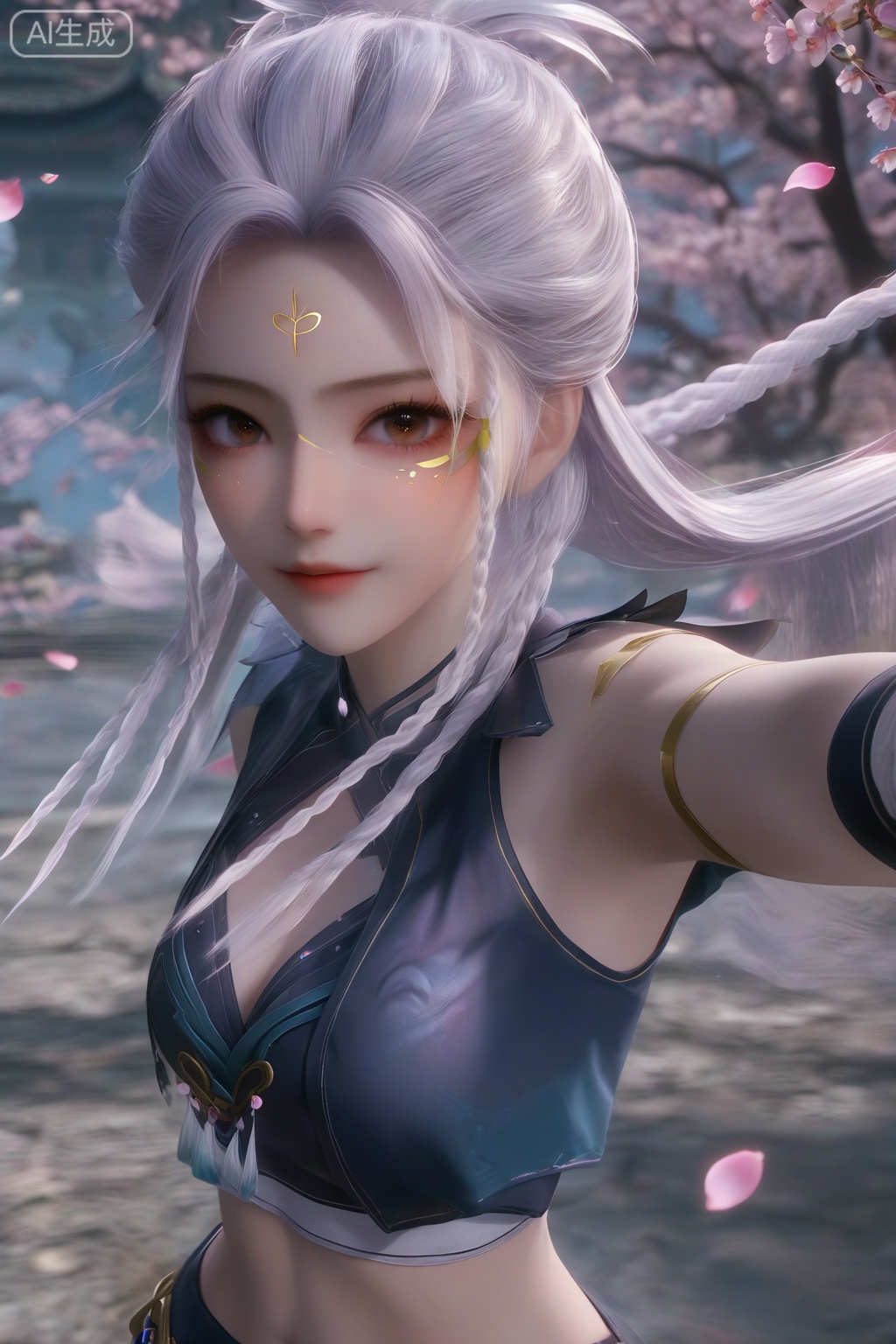 masterpiece, best quality, masterpiece,best quality,official art,extremely detailed CG unity 8k wallpaper,1girl,solo,looking at viewer,long hair,brown eyes,braid,white hair,facial mark,forehead mark,twin braids,body markings,faceoff,facing viewer,crop top,midriff,upper body,Cherry Blossoms,petals,breasts,cleavage,outstretched arms,pov