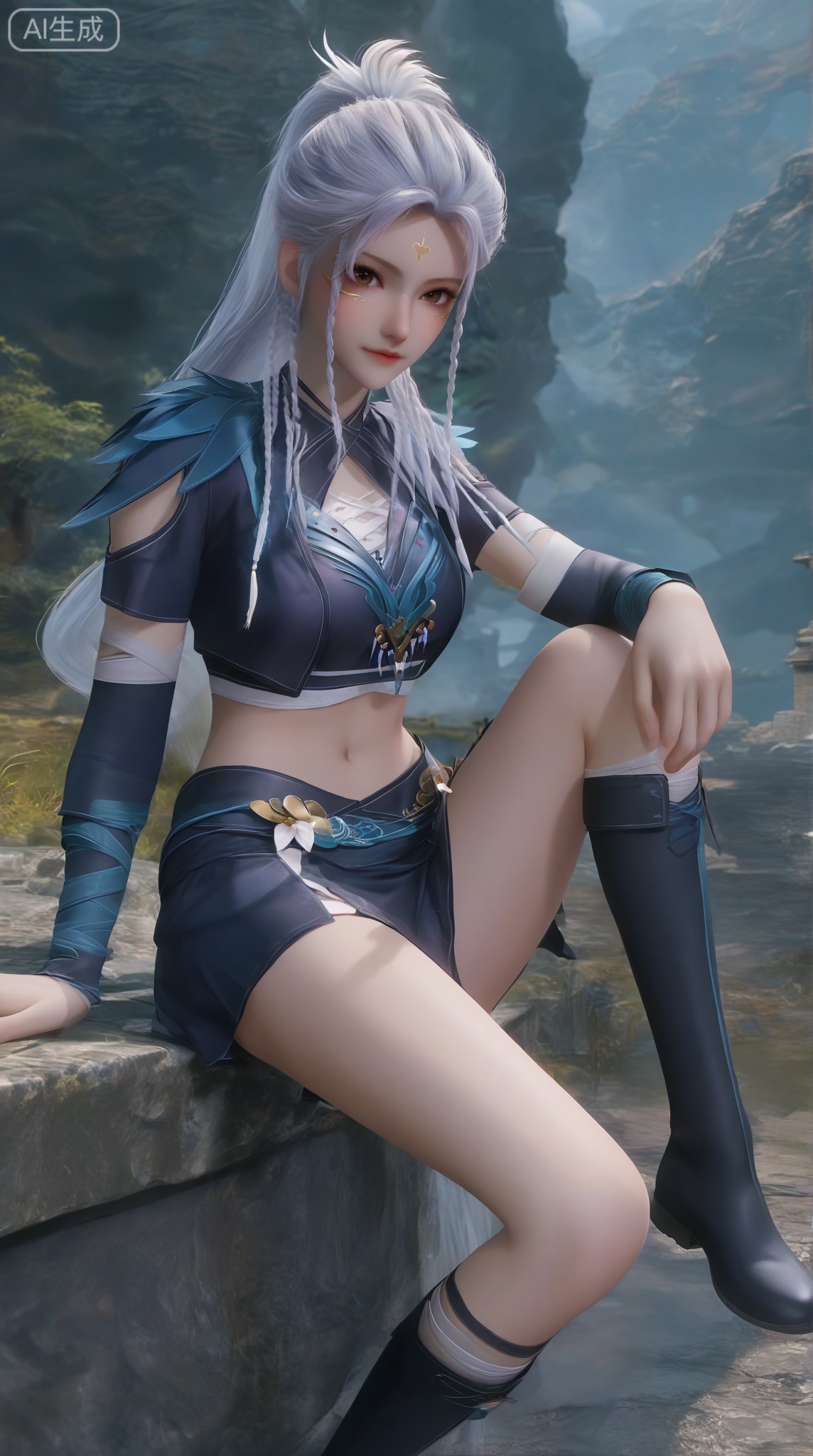 masterpiece, best quality, masterpiece,best quality,official art,extremely detailed CG unity 8k wallpaper,1girl,solo,looking at viewer,long hair,skirt,navel,brown eyes,braid,white hair,facial mark,forehead mark,twin braids,ponytail,midriff,crop top,skirt,legs,knee boots,full body,hands,sitting,stone,sitting on railing,magic,(knee up:1.2),full body,slender legs,hiking,